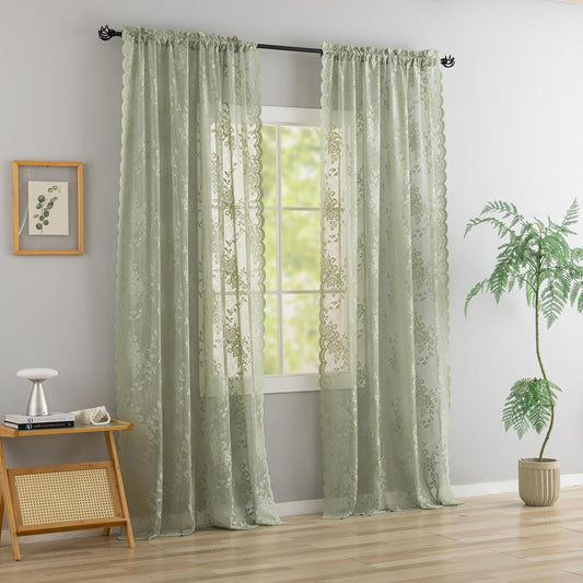 YJ YANJUN Sage Green Sheer Curtains 72 Inch Long 2 Panels Floral Patterned Boho Net Curtains Privacy Lace Gauze Curtain Panels for Boy Bedroom Room Divinding Closet Door 6 FT Length Light Sage