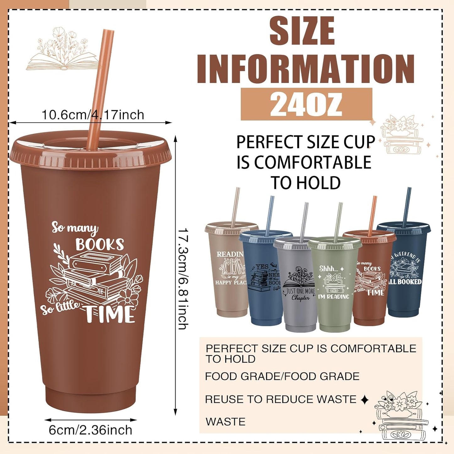 Sliner 12 Pcs Book Lovers Gifts 24 oz Book Club Themed Tumbler with Straw and Lid Reusable Bookish Gifts for Reader Themed Party Birthday library(Morandi)