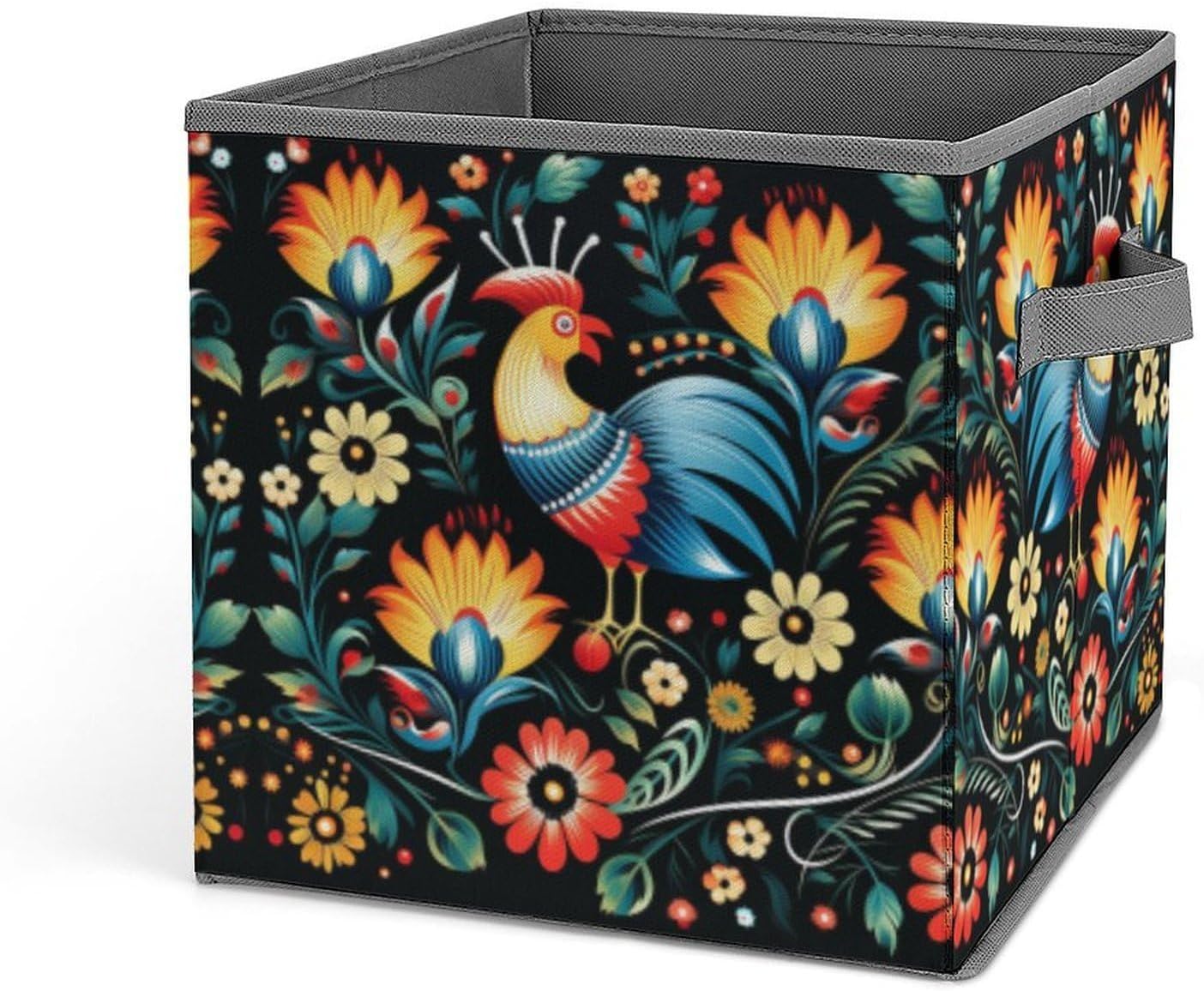 Polish Folk Art Pattern Storage Bins with Handles Fashion Large Storage Cubes Sturdy Foldable Storage Boxes Space-Saving Storage Baskets for Home Office Clothes Closet Organizers