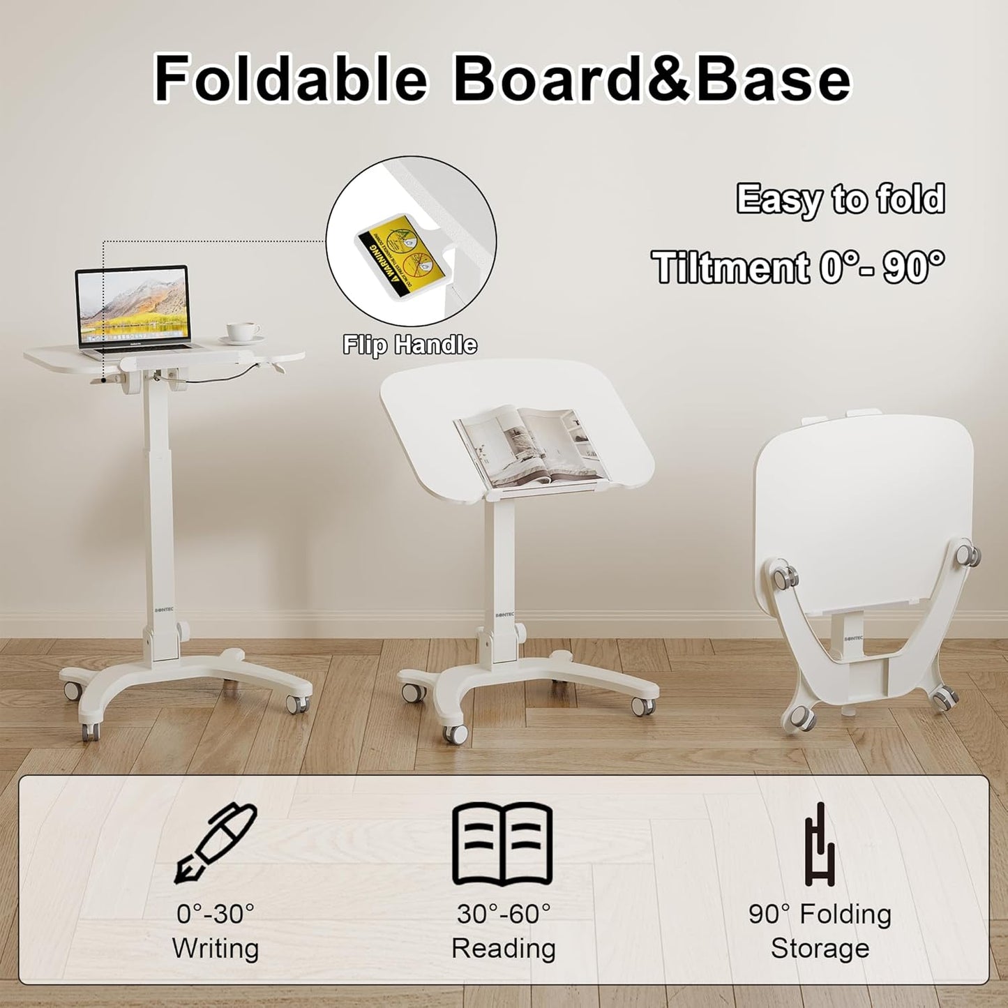BONTEC Mobile Foldable Standing Desk, Portable Adjustable Height Desk with Gas Spring, Small Rolling Laptop Desk with Wheels for Home, Office, Bedroom, and Medical Use, 25.6" x 19.7" Desktop, White