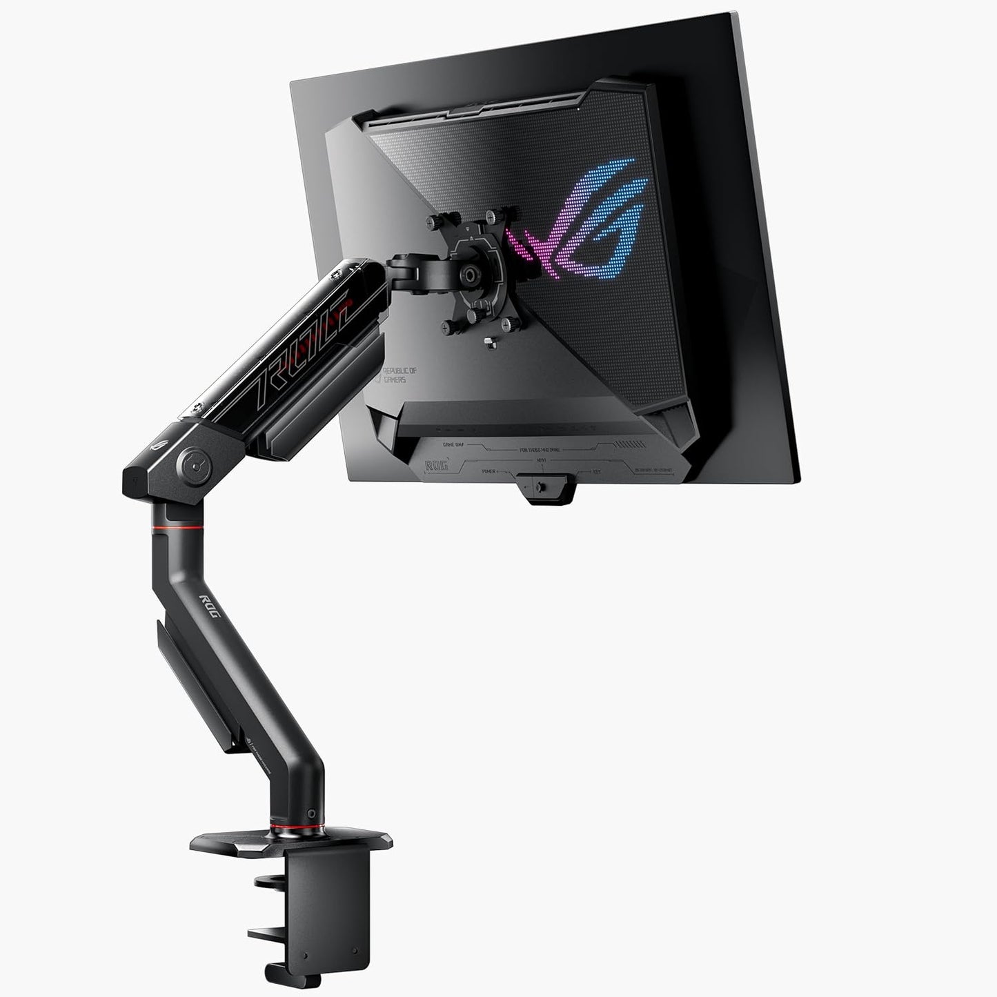 ROG Ergo Monitor Arm (AAS01R) – Mechanical Spring Monitor Mount with Desk Clamp and Grommet Mount, Holds Up to 49-inch* Within 13.5kg, Pivot/Swivel/Tilt/Rotation/Height Adjustable, VESA 100 x 100 mm