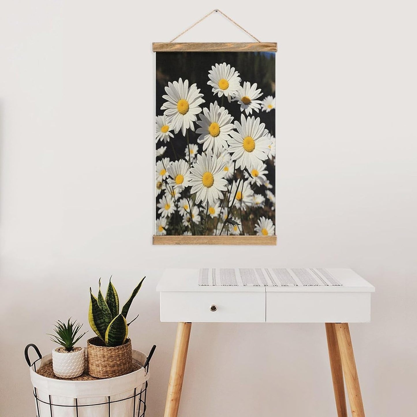 Vintage White Daisy Poster with Wooden Frame Personalized Linen Hanging Scroll Painting Rustic Wall Hanging Illustrative Modern Artwork Decor for Home Living Room Bedroom Office