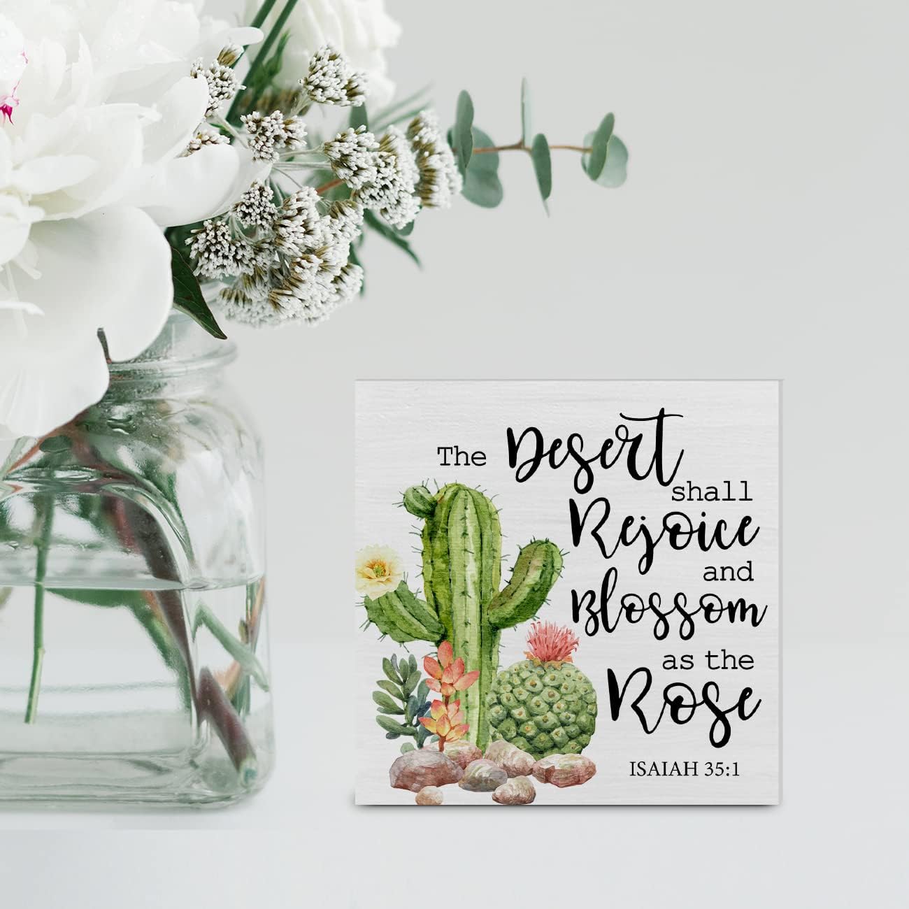 Country Isaiah 35:1 Bible Verse Wood Box Sign Decor Desk Sign Cactus and Succulent Wooden Box Block Sign Summer Rustic Home Shelf Wall Decoration