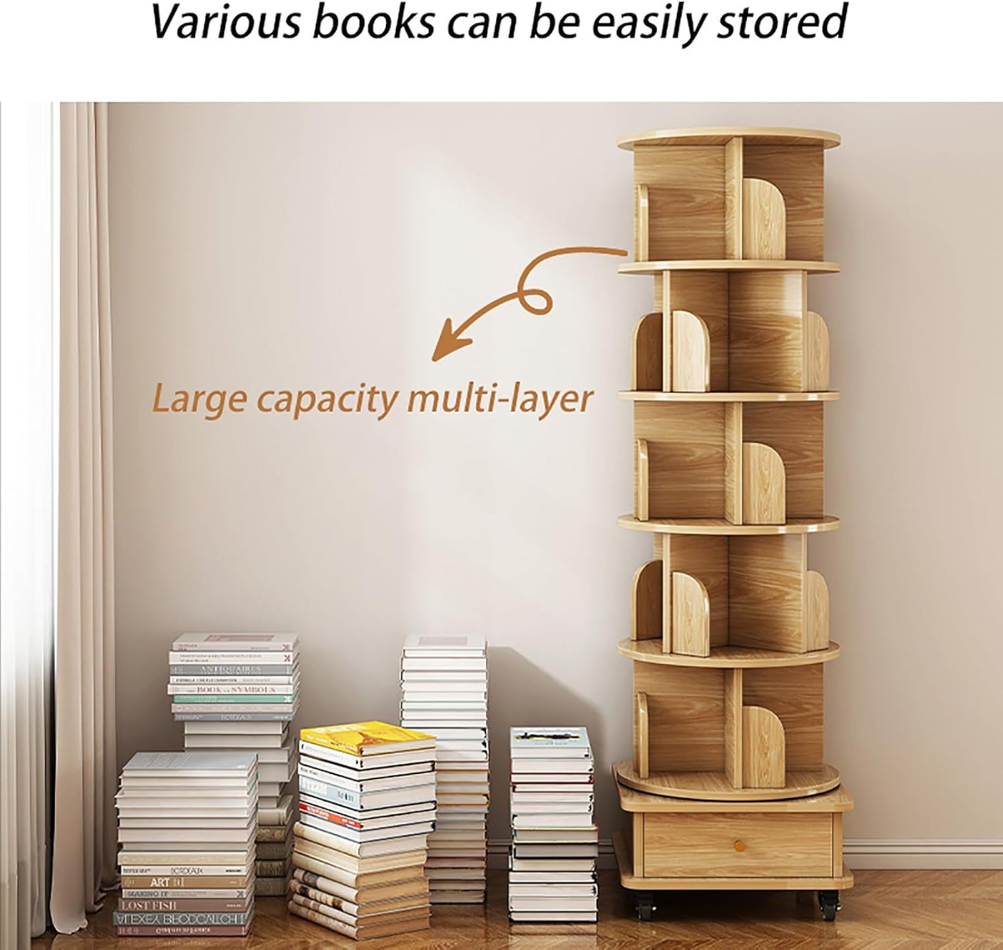 Mobile Bookshelf with Wheels and Drawers 5 Tier Wooden Bookcase Corner Tall Book Shelf Modern Wooden Rotating Bookcase Shelves Floor Freestanding for Living Room Corner Easy Assemble (Color : Wood co