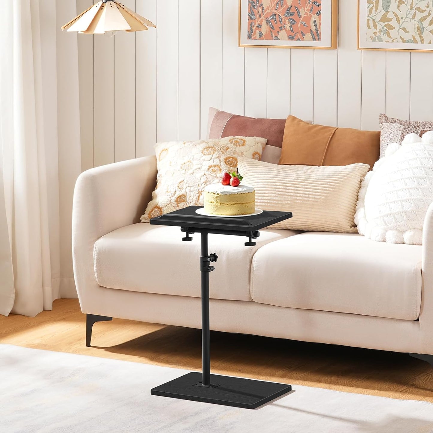 TV Tray Table, Sofa Armrest Tray Table for Couch, 360° Swivel Height Adjustable End Table, Snack Side Table with Phone and Tablet Slot, C Shaped Black ETBK4501