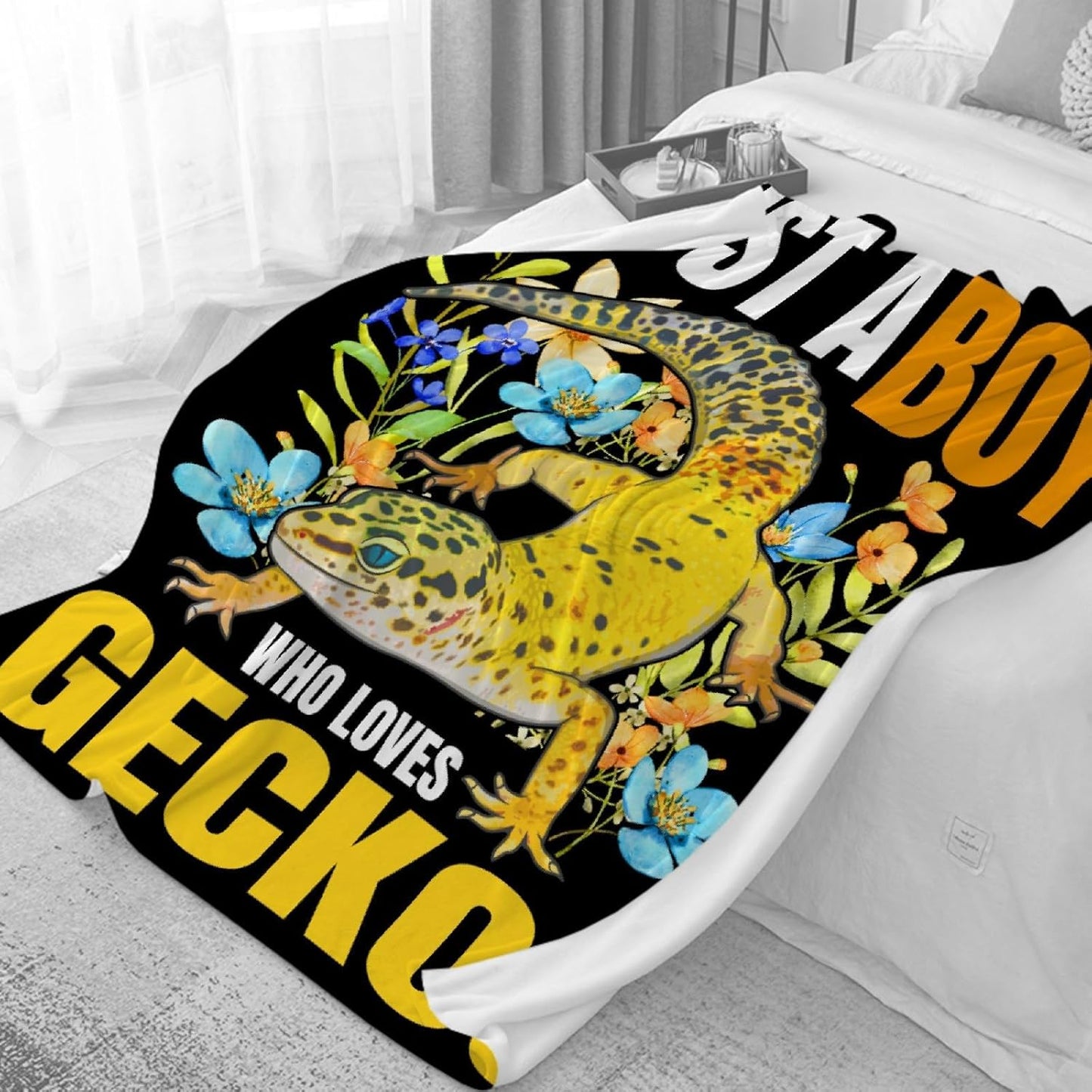 Geckos Blanket,Funny Reptile Animal Blanket,Just A Boy Who Loves Geckos Throw Blanket,Super Soft Leopard Gecko Flannel Blanket for Sofa Couch Bedroom,40"x50"-Kids/Throw Size
