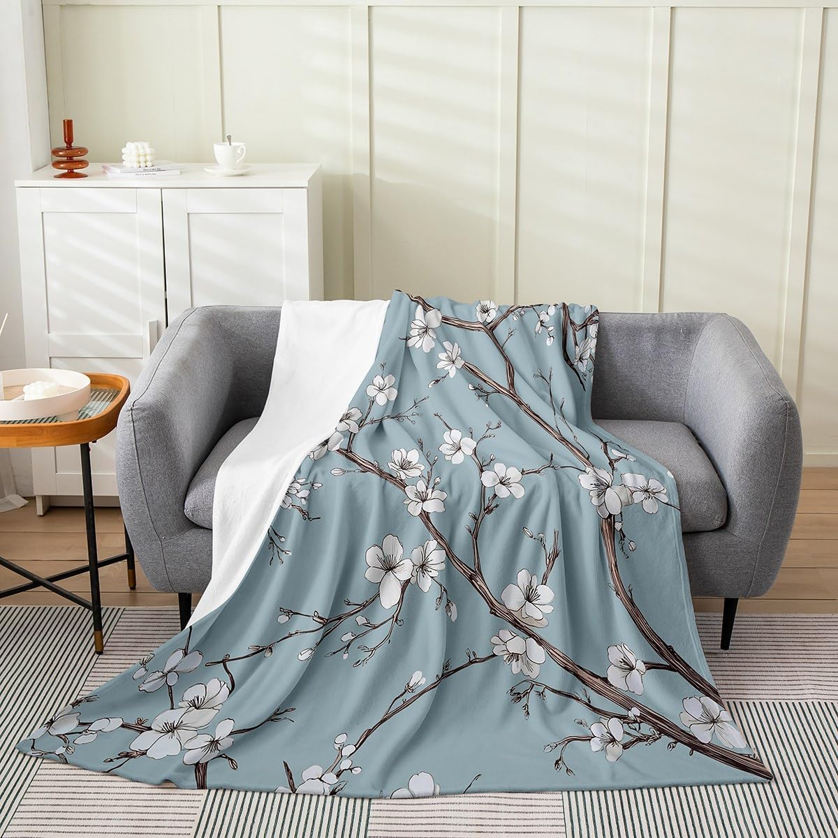 Erosebridal Cherry Blossom Throw Blanket Queen 90x90,Chinoiserie Chic Style Fleece Flannel Blanket,Elegant Floral Branches Style for Girls,Spring Garden Flowers Plum Decor,Grayish Blue