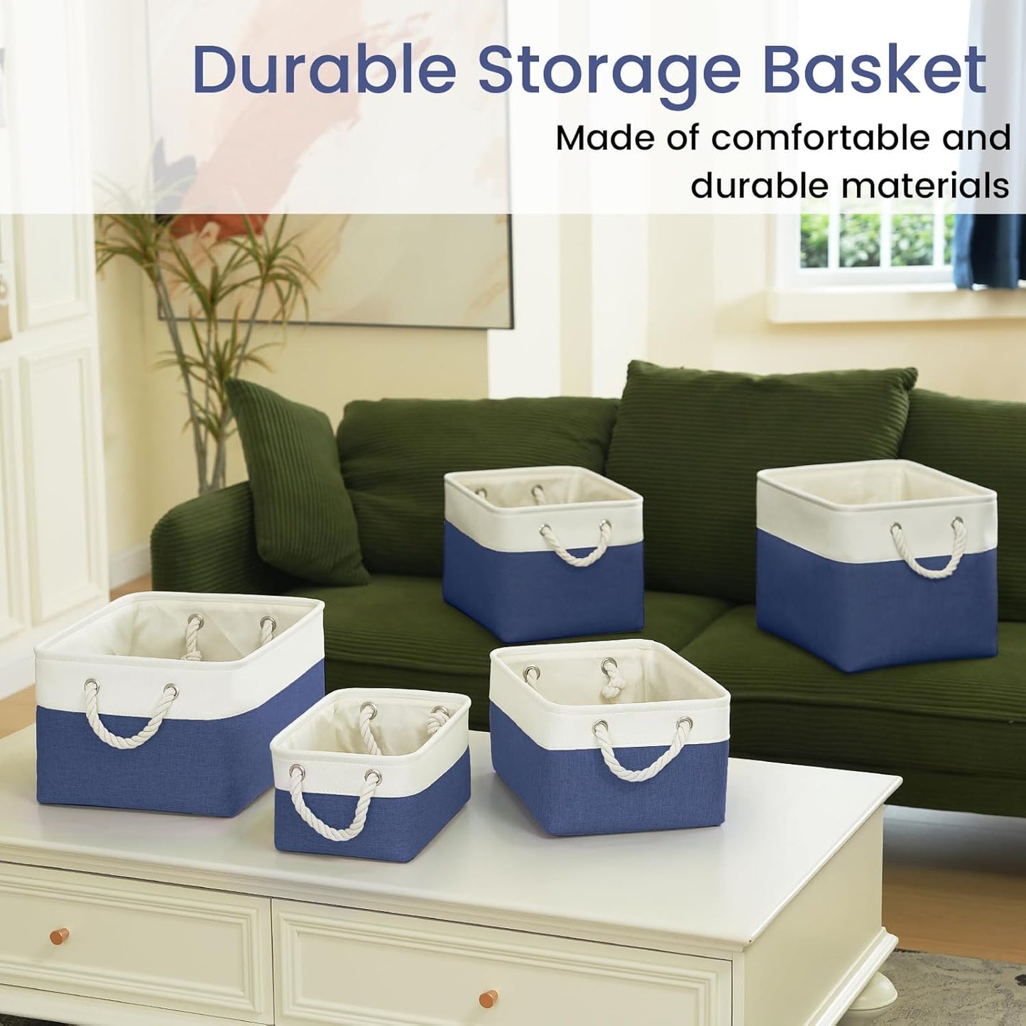 Large Storage Baskets- 16x12x12 inch Storage Bins for Shelves and Closet Organizing, Foldable Fabric Bin for Home Organization Clothes and Laundry (3-Pack, White&Blue)