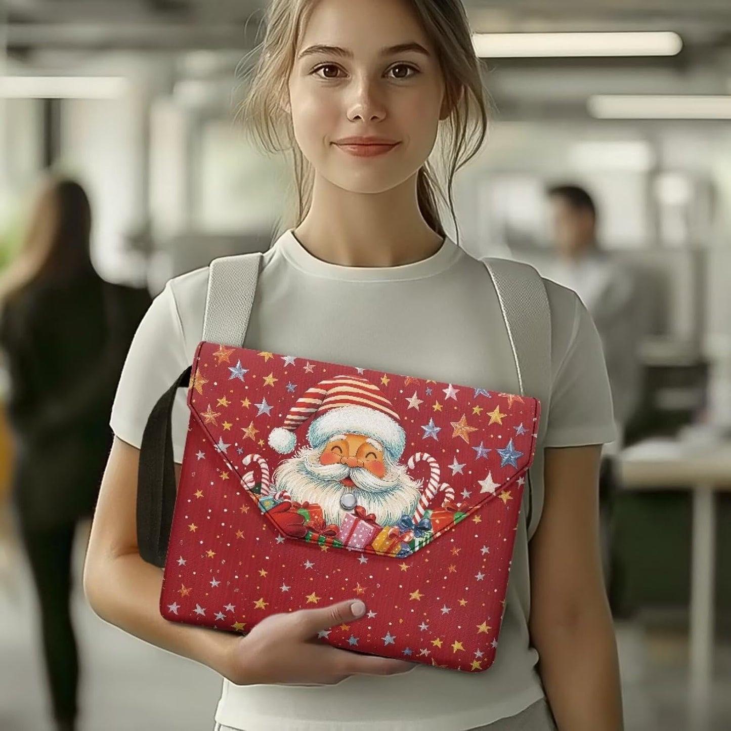 chaqlin Large Book Protector Sleeve for Book Lovers Gifts Happy Christmas Santa Claus Washable Bookcover Pouch with Button and Handle Strap for Women Bookish Bookworm Library Reading Club