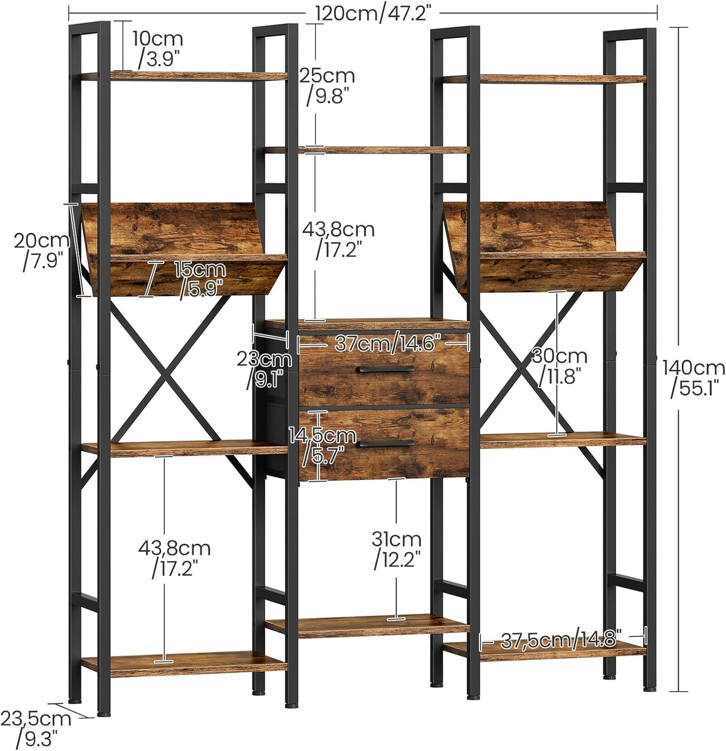 3-Column Bookcase, 55.1" Bookshelf with 2 Non-Woven Fabric Drawers and V-Shaped Shelves, Display Storage Shelf for Living Room, Office, Study, Rustic Brown and Black TSJ03BF