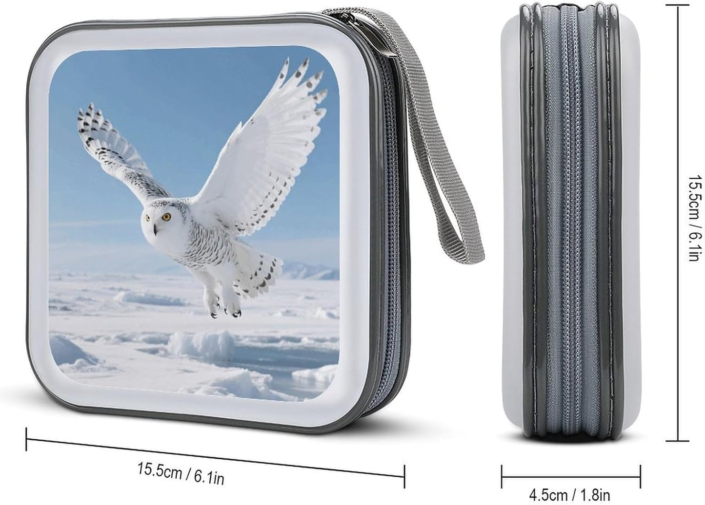 White Snowy Owl CD Case Portable Zipper CD Case 40 Capacity Hard Plastic DVD Cases Holder Large Storage Disc Wallet Bag for Car Home Travel DVD Collection Bag