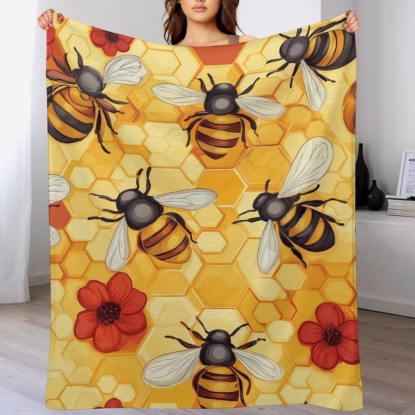 Bees Honeycomb Flowers Throw Blanket for Couch Bed Plush Cozy Fuzzy Flannel Blanket for All Season 60"x80"