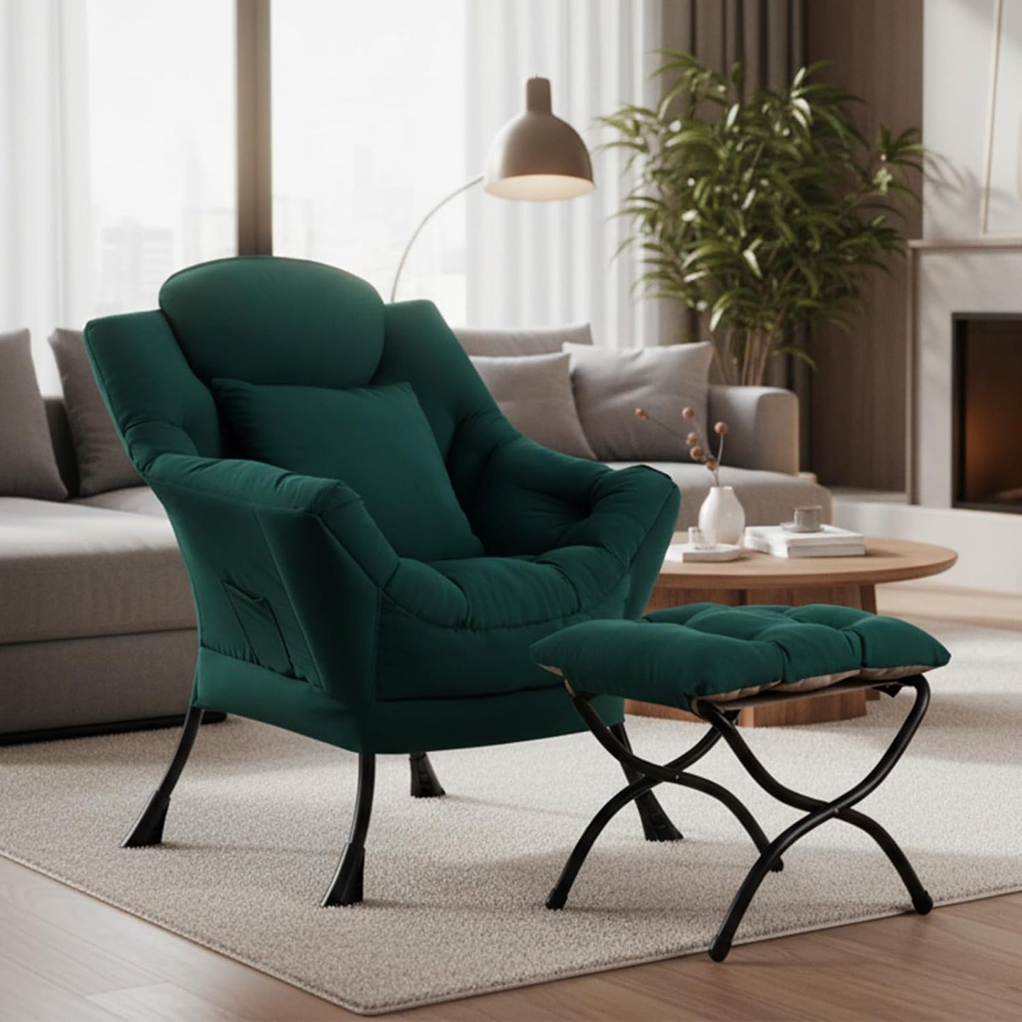 Lazy Chair with Ottoman, Large Accent Chair with Ottoman and a Throw Pillow, Dark Green Reading Chair for Living Room Bedroom Dorm Room Office Apartment Relaxing Use