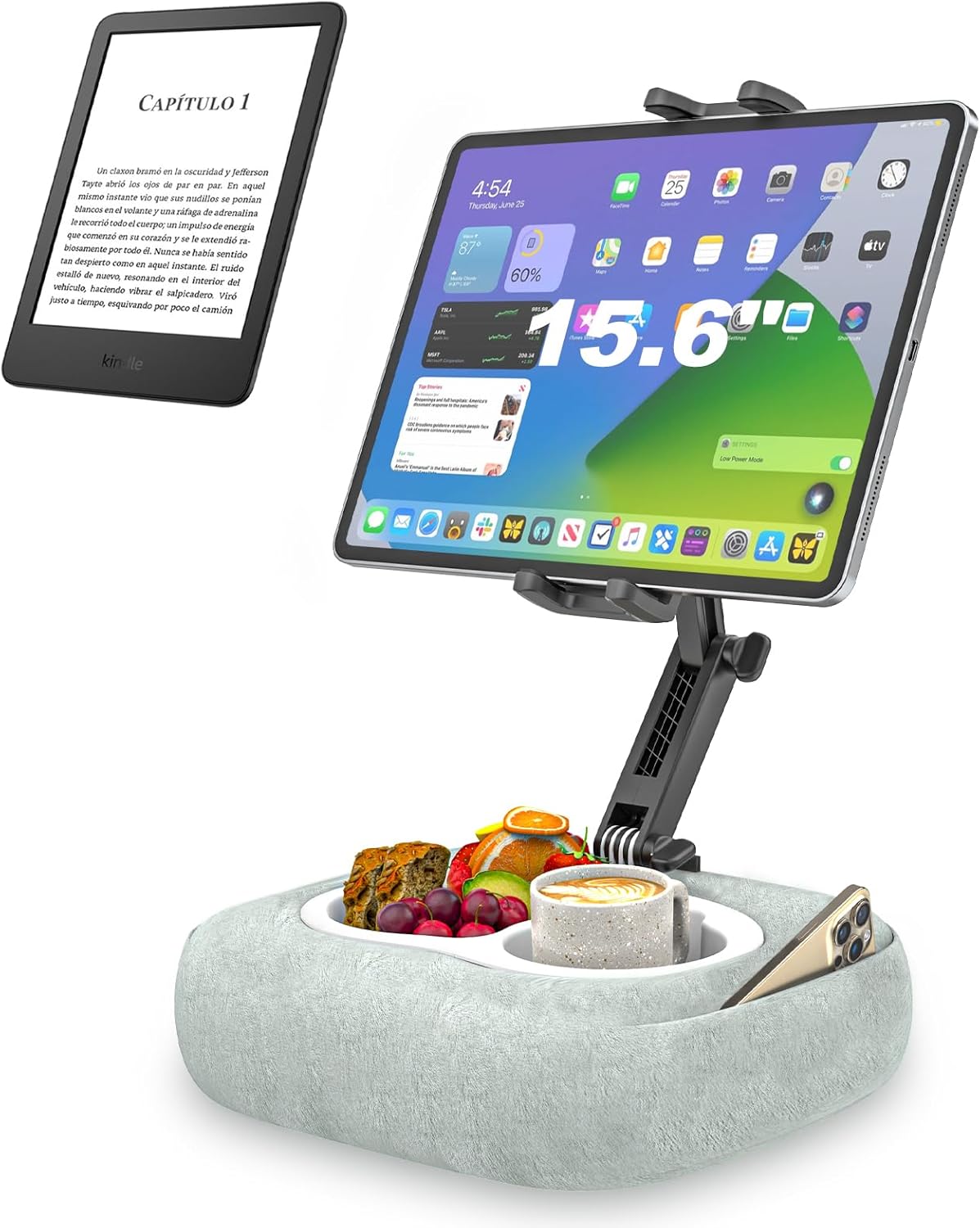 Tablet Pillow Stand [Organic Cotton & Food Grade Tray] Adjustable Kindle Pillow Stand Holder for Lap/Bed/Couch/Desk, Fits 4.7-15.6" iPad, Kindle, Galaxy Tab, Phone, Detachable Bowl