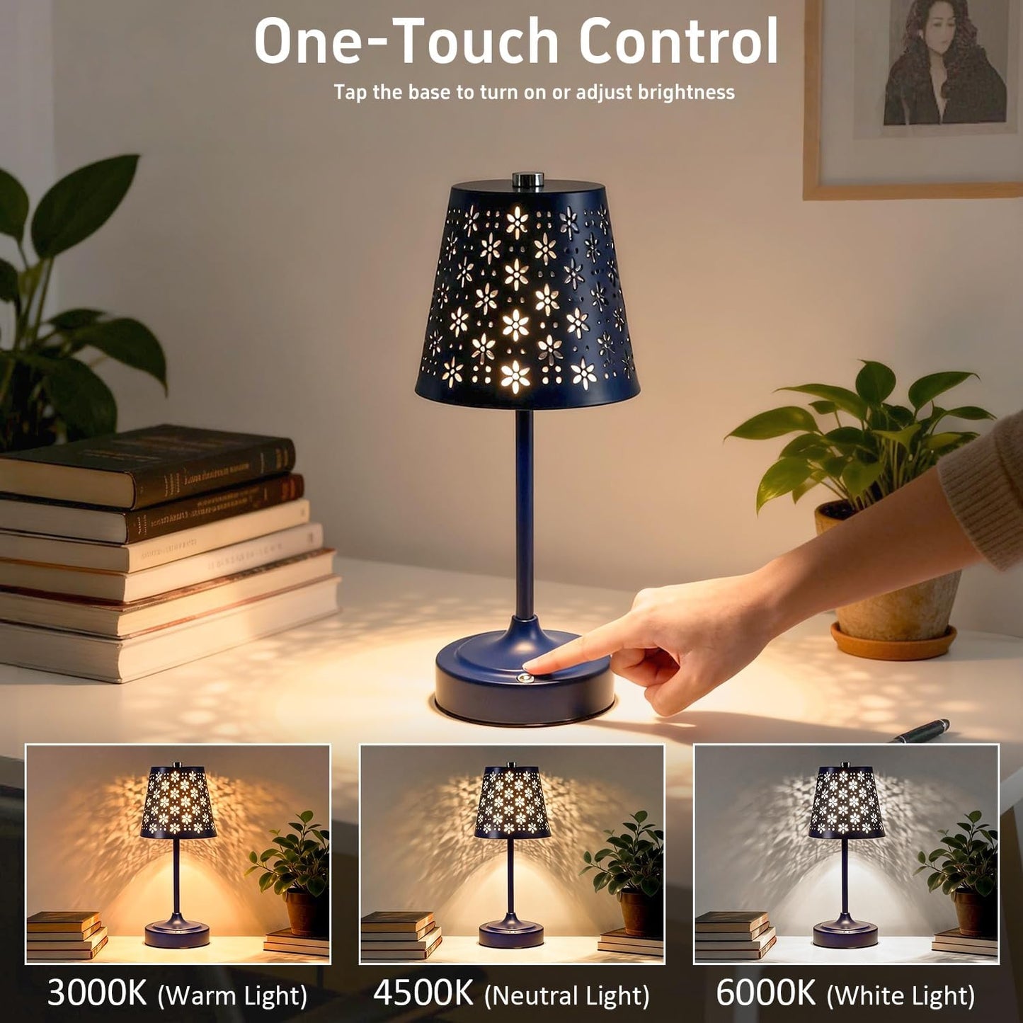 Rechargeable Cordless Table Lamp, Touch Control Battery Powered Bedside Lamp with Floral Cutout Shade, 3 Color Stepless Dimmable Decorative Nightstand Lamp for Bedroom (Navy Blue)