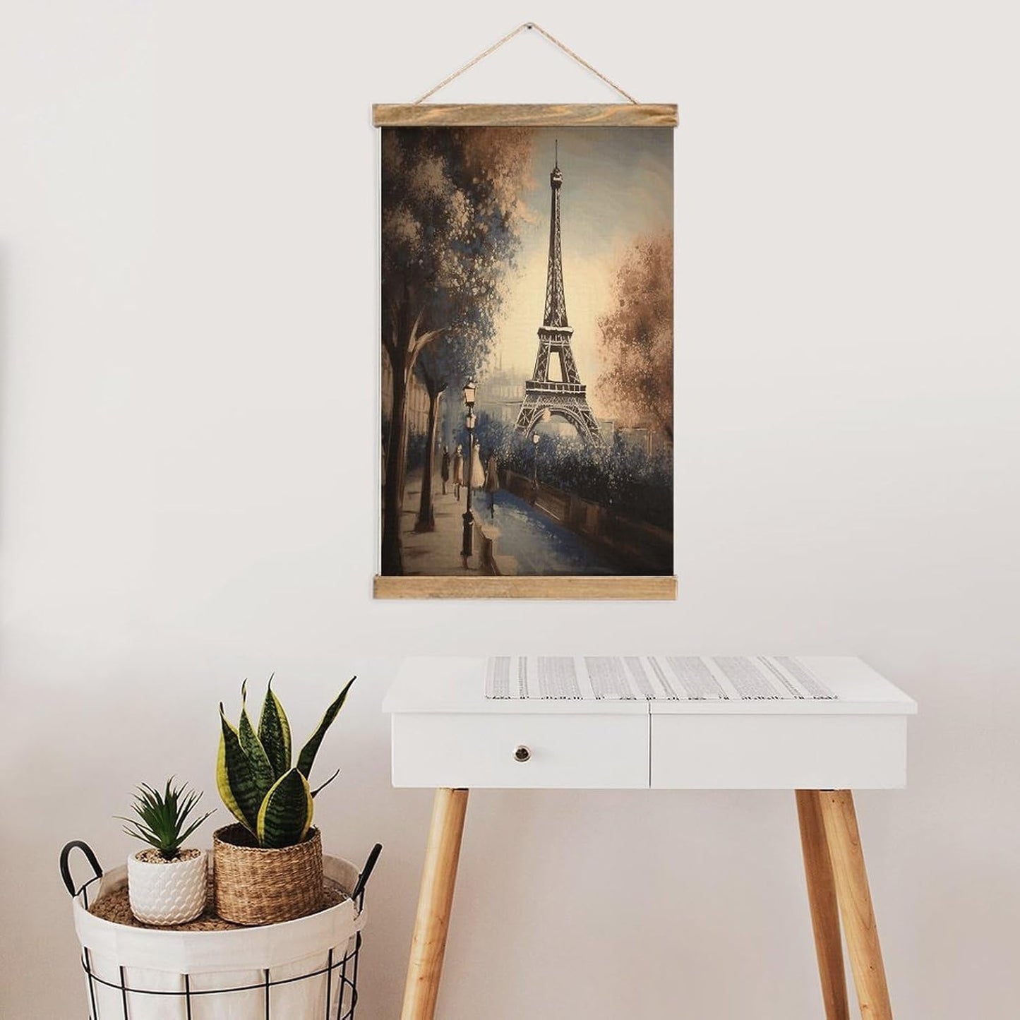 Vintage Romantic Paris Eiffel Tower Poster with Wooden Frame Personalized Linen Hanging Scroll Painting Rustic Wall Hanging Illustrative Modern Artwork Decor for Home Living Room Bedroom Office