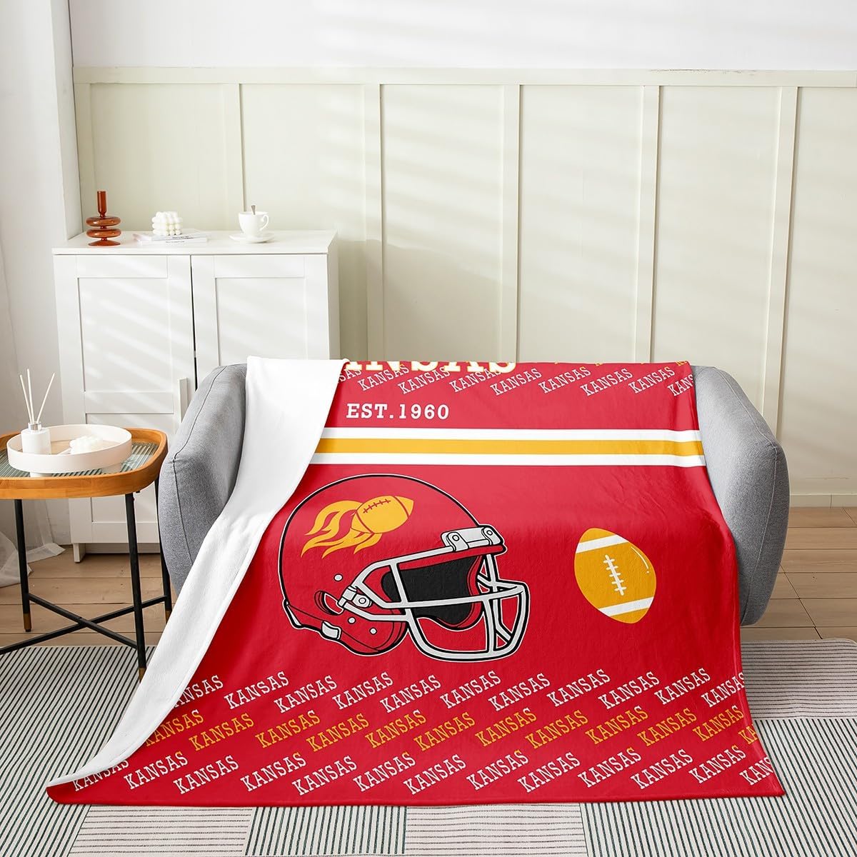 Feelyou American Football Fleece Throw Blanket Kansas Flannel Blanket Plush Fuzzy Football City Gift for Bed Couch Chair Living Room Twin 60"x80" Bedroom Decor
