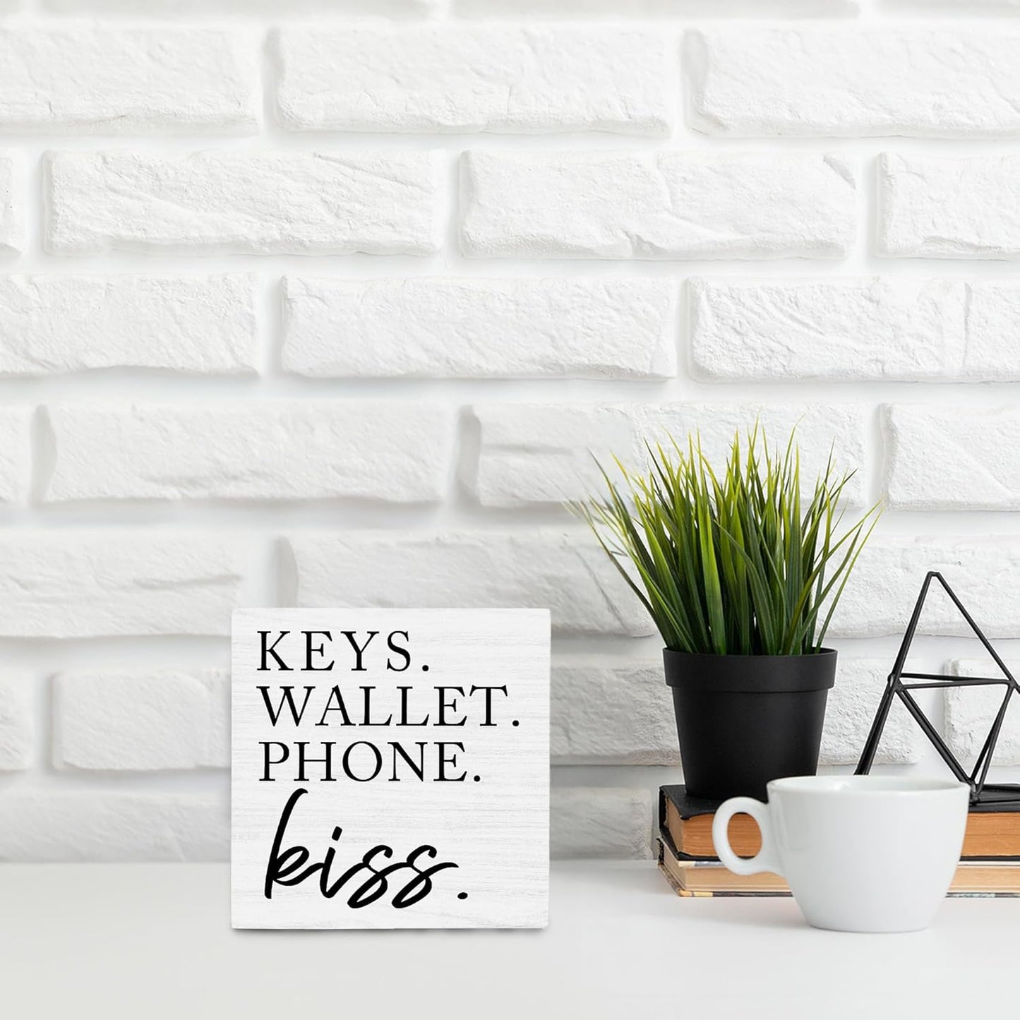 OFlich Wooden Entryway Table Decor - Box Sign, Keys Wallet Phone Holder, 6x6 Inches