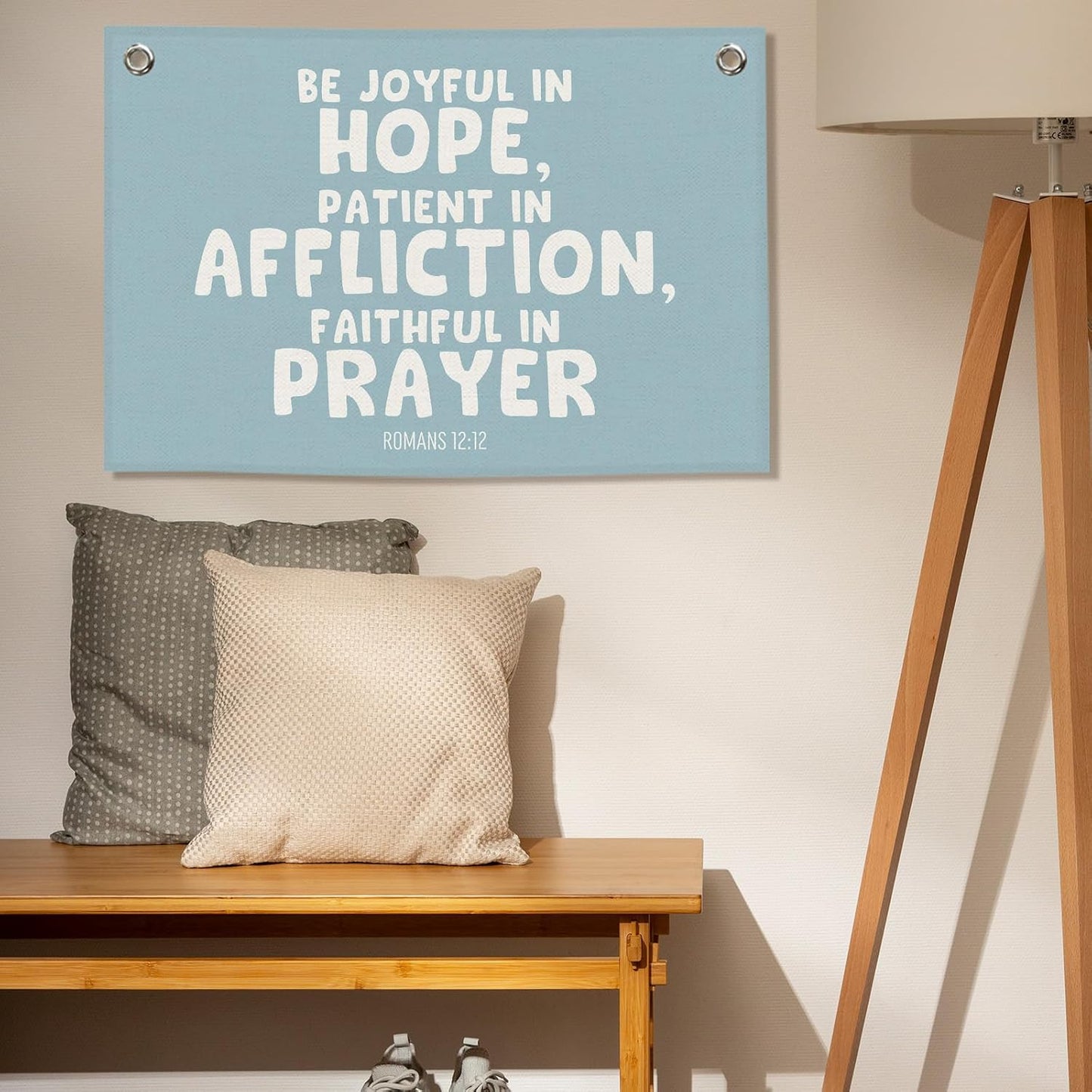 Blue Christian Kids Banner Canvas, Bible Verse Be Joyful in Hope Toddler Room Decor, Inspirational Hanging Flag Sign, Nursery Wall Tapestry Art for Playroom Bedroom Classroom Decor 20x30in