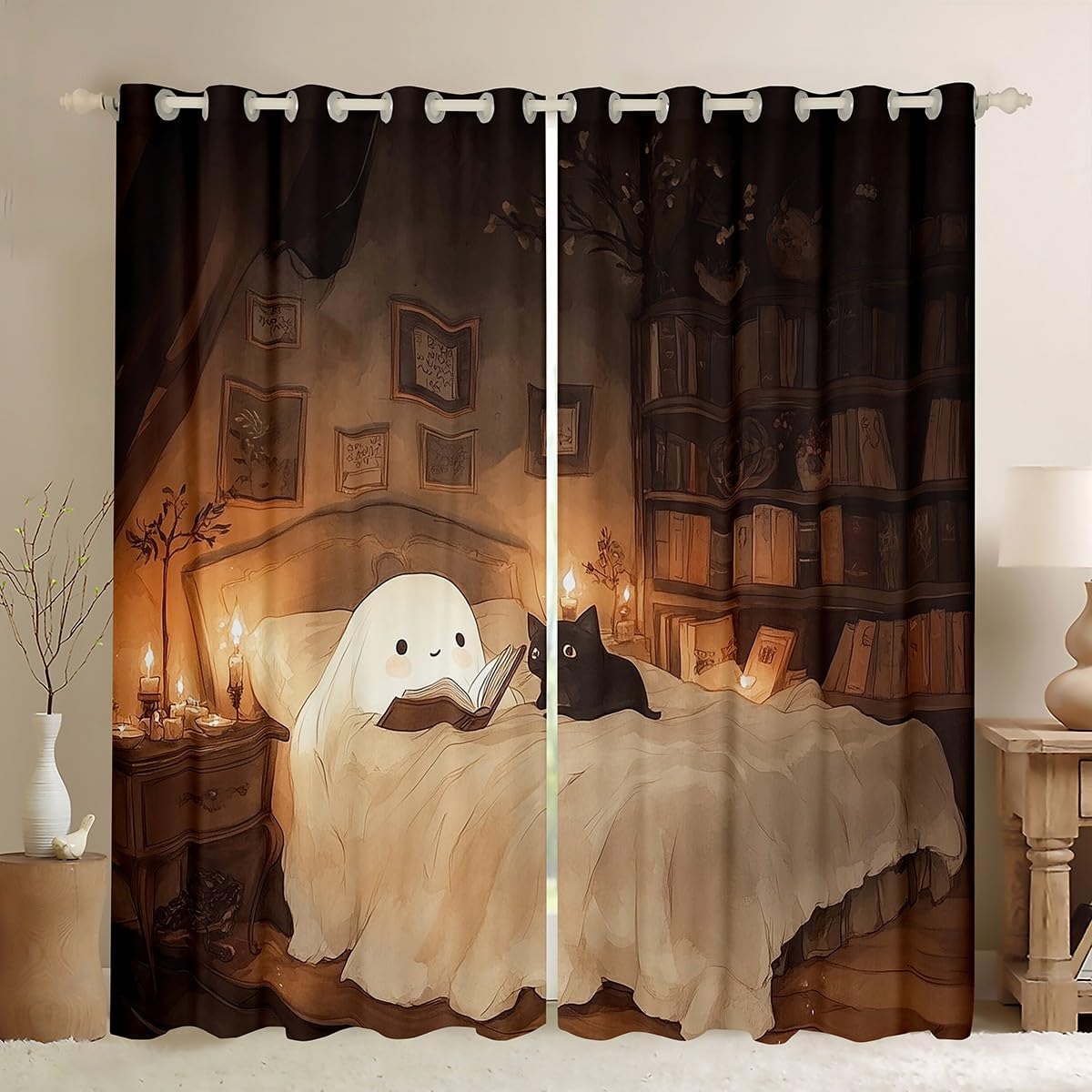 jejeloiu Halloween Funny Ghost Curtains for Bedroom Living Room Kawaii Cute Cat 30%-50% Blackout Shades Reading Book Room Darkening Curtain Window Treatments, 2 Panels 52 x 84 Inch Decor