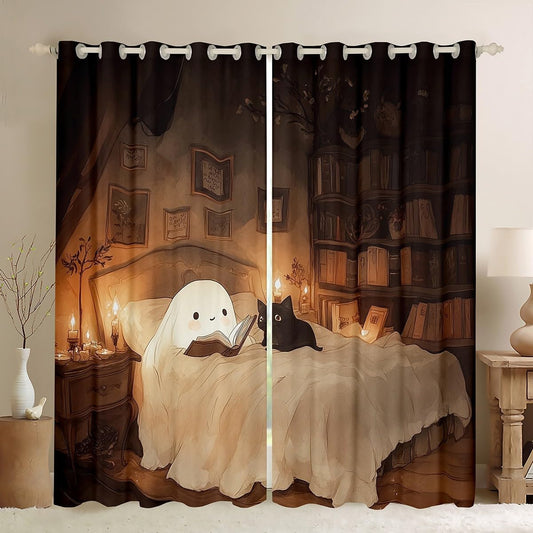 jejeloiu Halloween Funny Ghost Curtains for Bedroom Living Room Kawaii Cute Cat 30%-50% Blackout Shades Reading Book Room Darkening Curtain Window Treatments, 2 Panels 52 x 84 Inch Decor