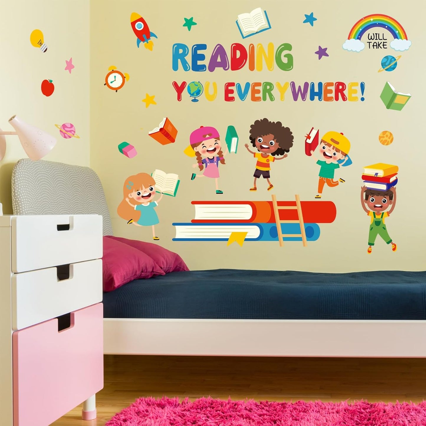 Reading Everywhere Wall Stickers - Inspirational Quotes Rainbow Book Wall Decals - Baby Nursery Kids Room Daycare Playroom Classroom Wall Decor (Read)