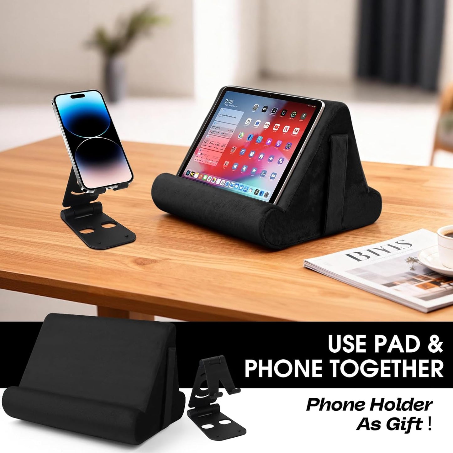 Universal Tablet Cushion Stand - Multi-Angle Lazy Holder with Net Pocket & Phone Stands Options for Lap, Knee, Sofa, Bed (Black)