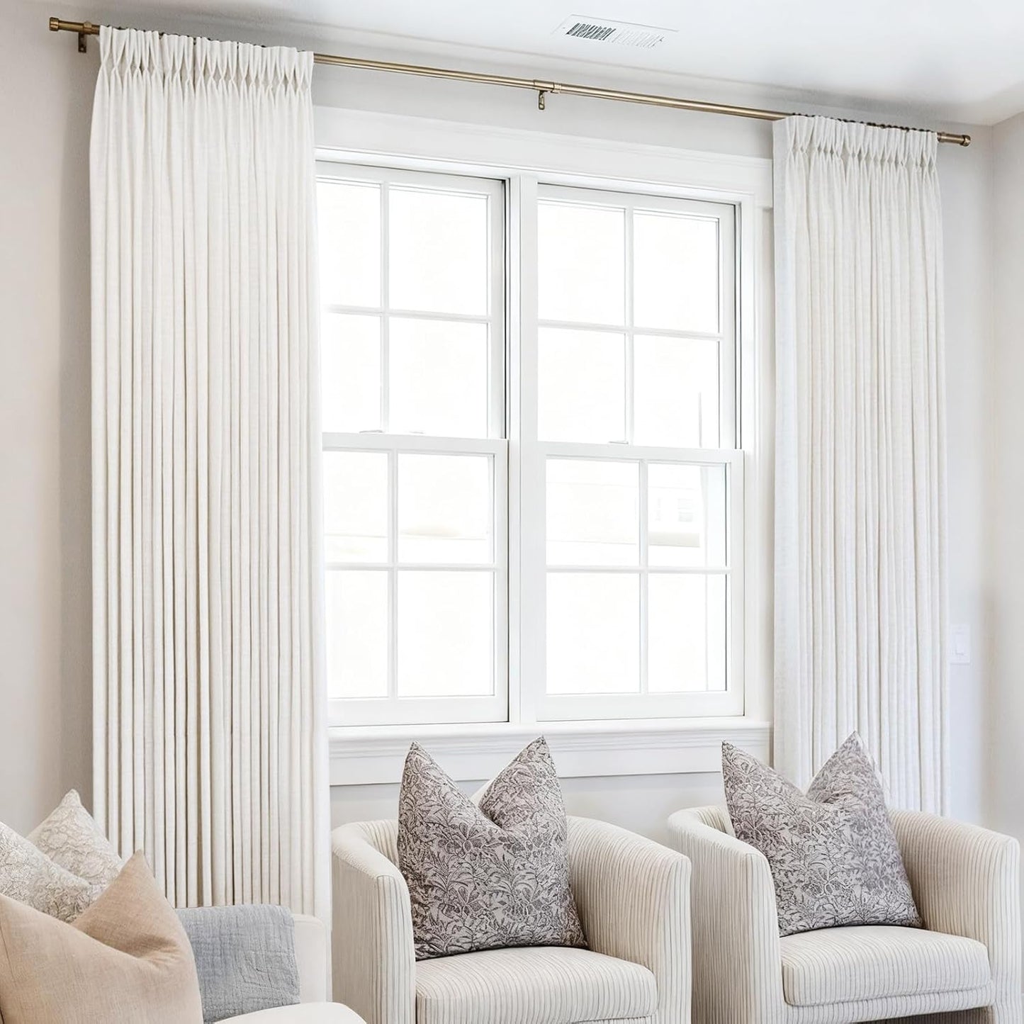 Pinch Pleated Linen Curtains 72 inches Long for Living Room Memory Training Shaped Natural Cream Light Filtering Semi Sheer Curtains 72 inch Length 2 Panel Set Modern Farmhouse Pinch Pleat Drapes