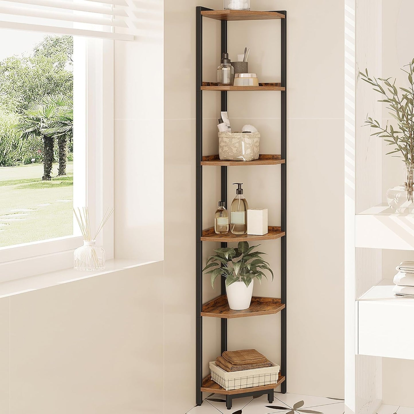 Corner Shelf Stand, Corner Bookshelf, Storage Standing Shelf Unit with Metal Frame, Plant Stand, Bookcase for Living Room, Home Office, Bedroom, 6-Tier Rustic Brown CS06001B