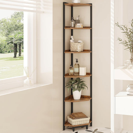 Corner Shelf Stand, Corner Bookshelf, Storage Standing Shelf Unit with Metal Frame, Plant Stand, Bookcase for Living Room, Home Office, Bedroom, 6-Tier Rustic Brown CS06001B