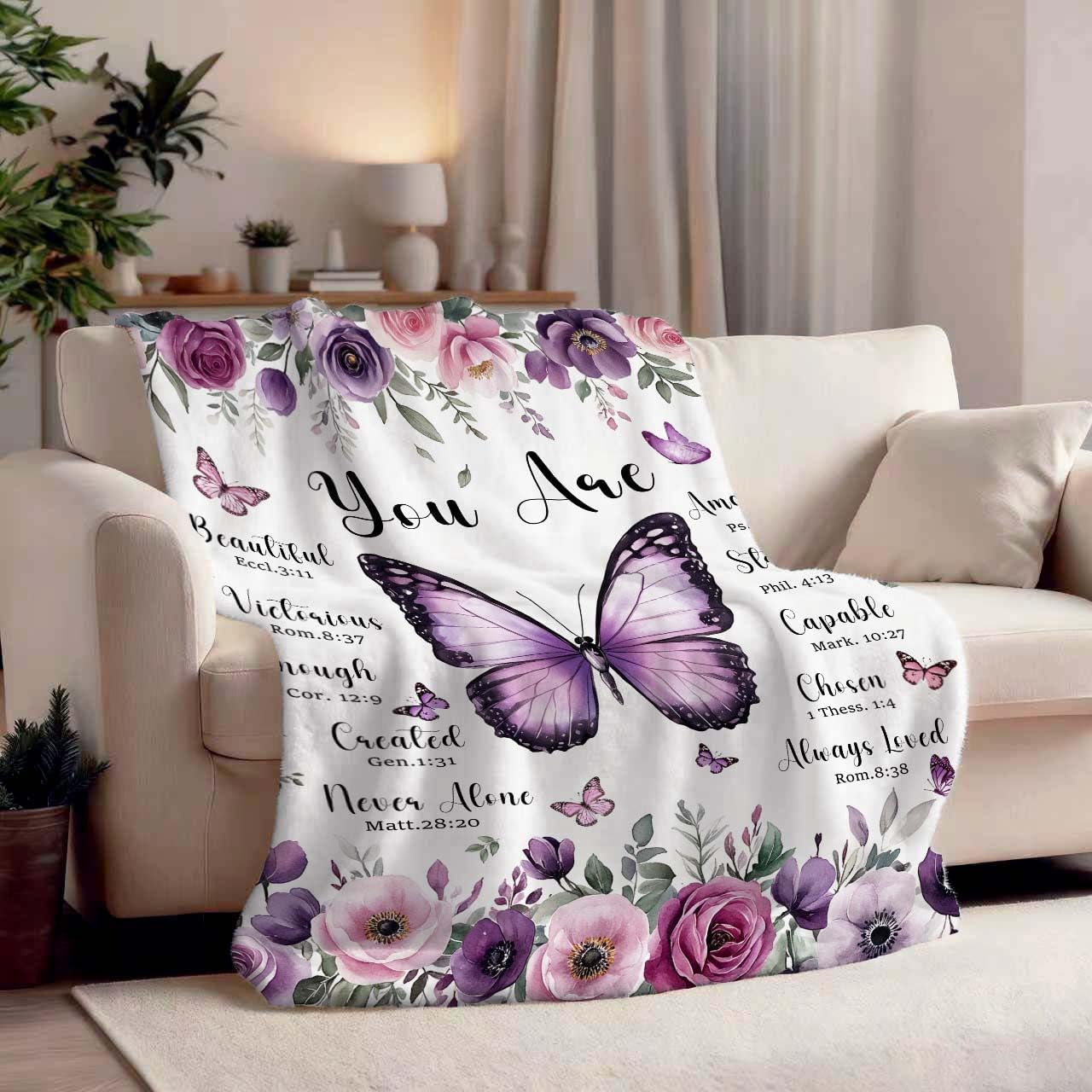 MASLEK Purple Butterfly Floral Blanket Soft Flannel Throw with Inspirational Quote Cozy Gift for Women Girls Bedroom Living Room Home, 50x60 Inch