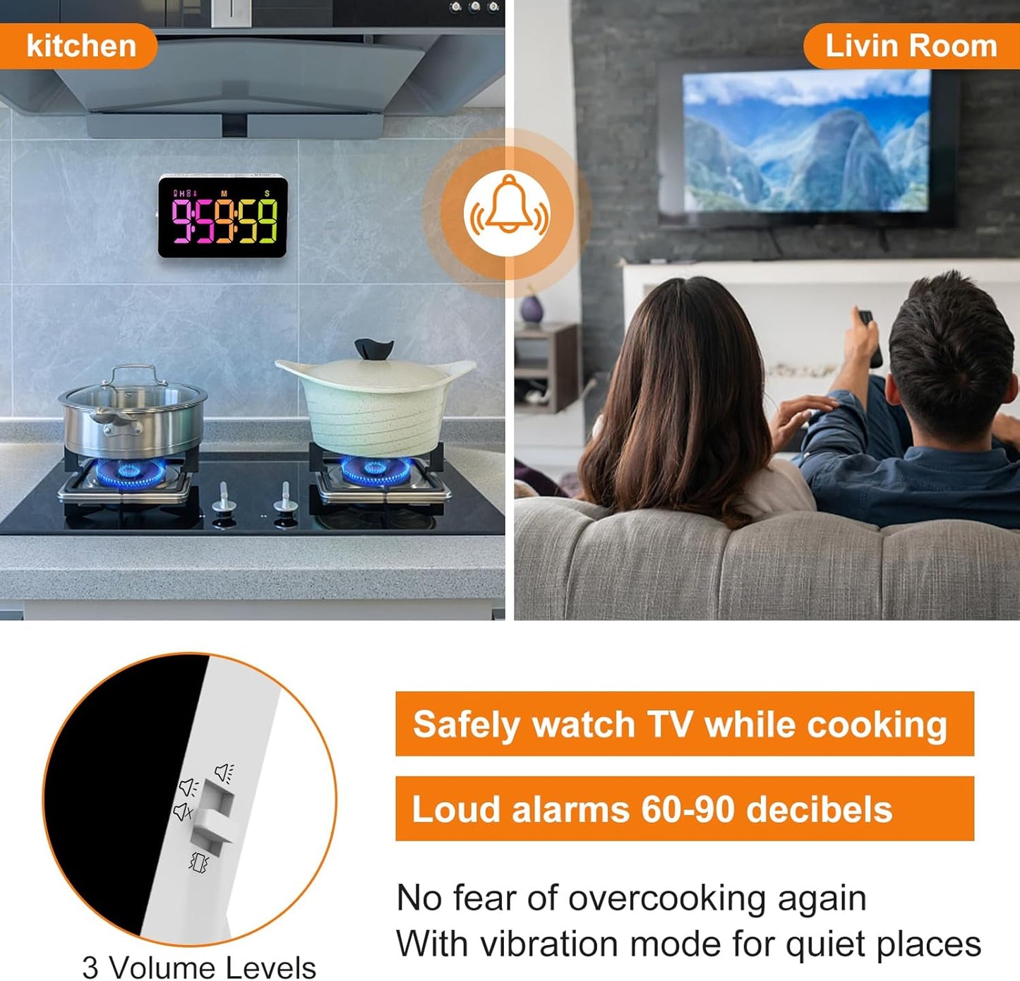 Kitchen Digital Timer, Count Down Up, Rechargeable, Vibration Mode Adjustable Volume and Brightness LED Display, Time Management Cook, Desk, Kids Adults Study Teaching, Kitchen Gadgets RGB
