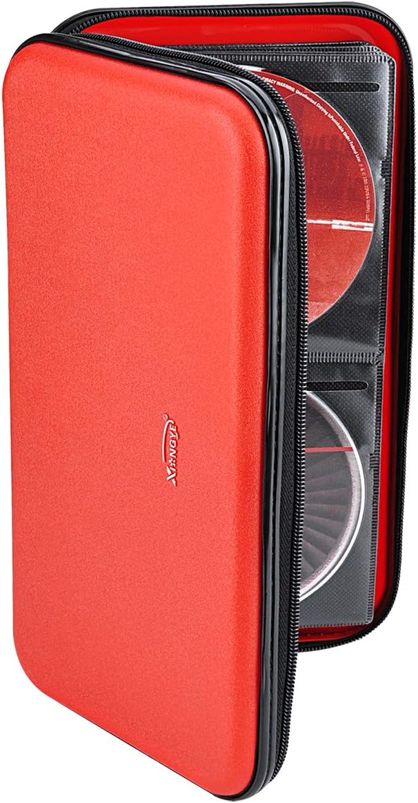 CD DVD Case, 72 Capacity Heavy Duty Wallet, DVD CD Case Holder for Car, Hard Shell Sturdy case, CD Disk Holder, DVD disc Binder, Booklet, Protective Blu-ray Wallet (72 Capacity,Red)