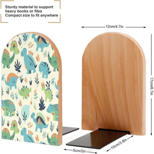 Dinosaur Pattern Bookend for Shelves Wooden Book End Large Size Sturdy Book Holders Stoppers with Metal Base for Bookshelves Slick Decorative Bookends Stands
