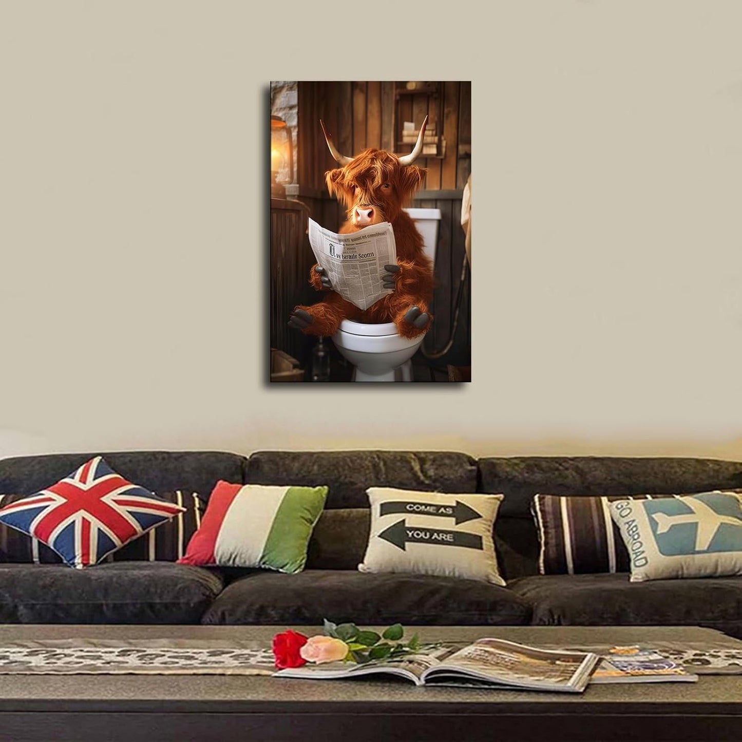 chenmjj Cow Reading The Newspaper Sitting on A Toilet Print Poster Picture HD Print Poster Retro Painted Modern Home Bedroom Room Aesthetic Decoration Canvas Art (08x12inch Unframed)