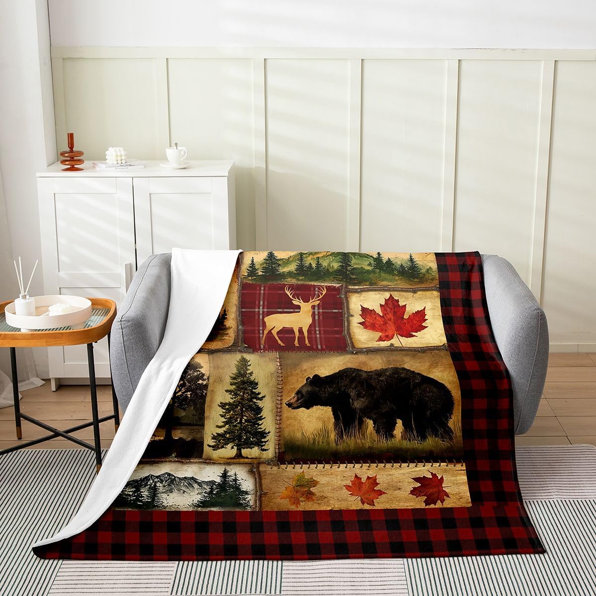 Bear Cabin Plaid Throw Blanket - Queen Size Rustic Farmhouse Fleece, Retro Hunting Deer, Country Woodland Pine Tree Flannel, Maple Leaf Lodge Decor Sherpa, Red Black Brown