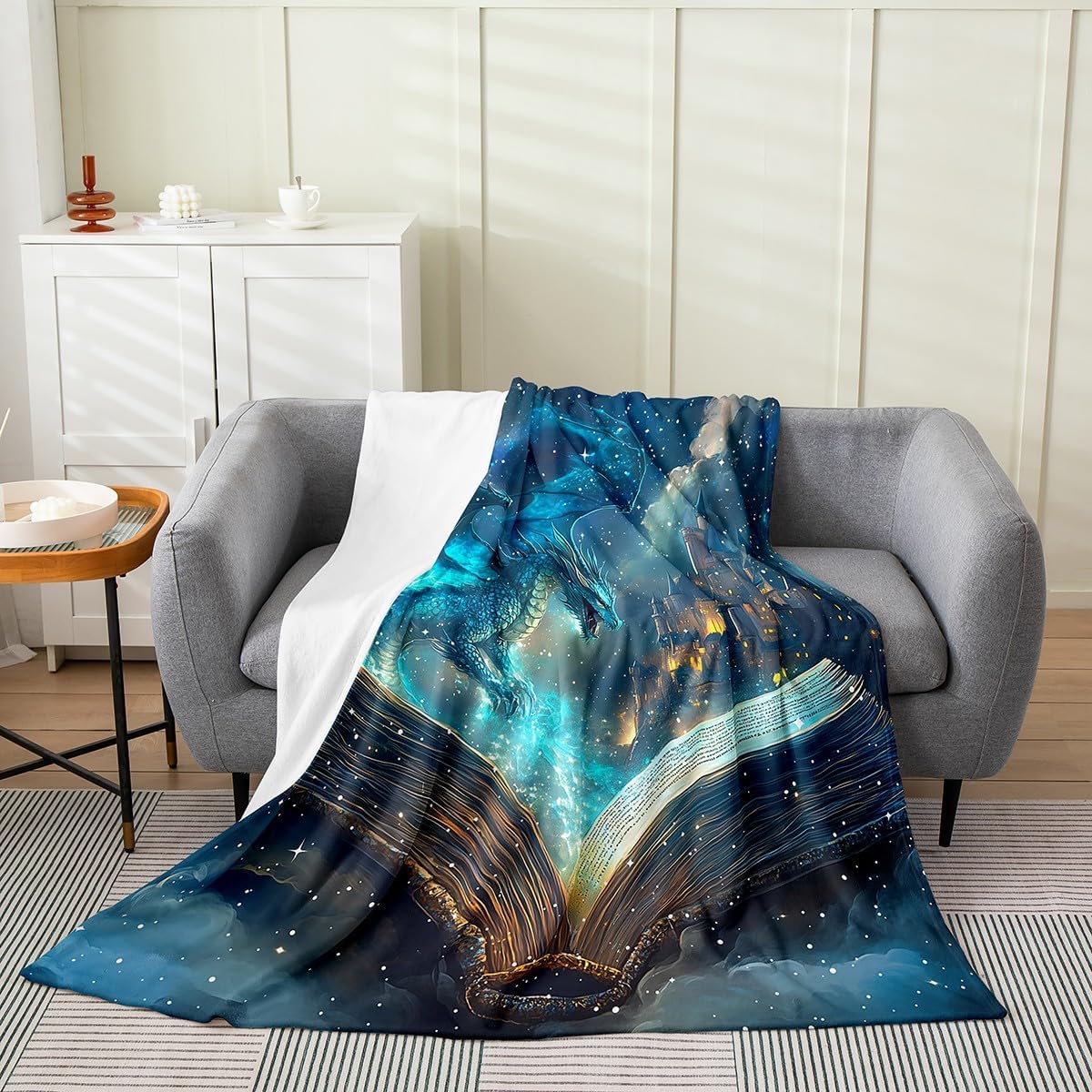 Flying Dragon Throw Blanket Lightweight Magical Book Pattern Fleece Blanket Vintage Mid-Century Castle Bed Blanket Neon Burning Flame Flannel Blanket Bedroom Decor Throw 50x60