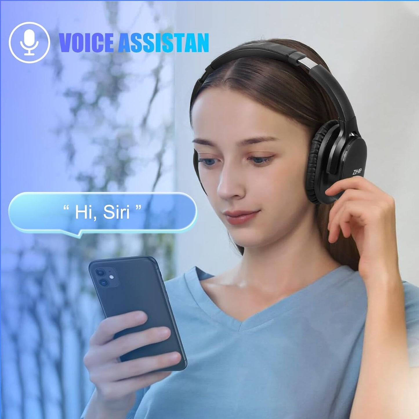ZIHNIC Bluetooth 5.3 Noise Cancelling Headphones, Over-Ear Wireless Headset with 60H Playtime,Low Latency Game Mode, Lightweight, Deep Bass Hi-Fi Sound for Travel, Home, Office - Black