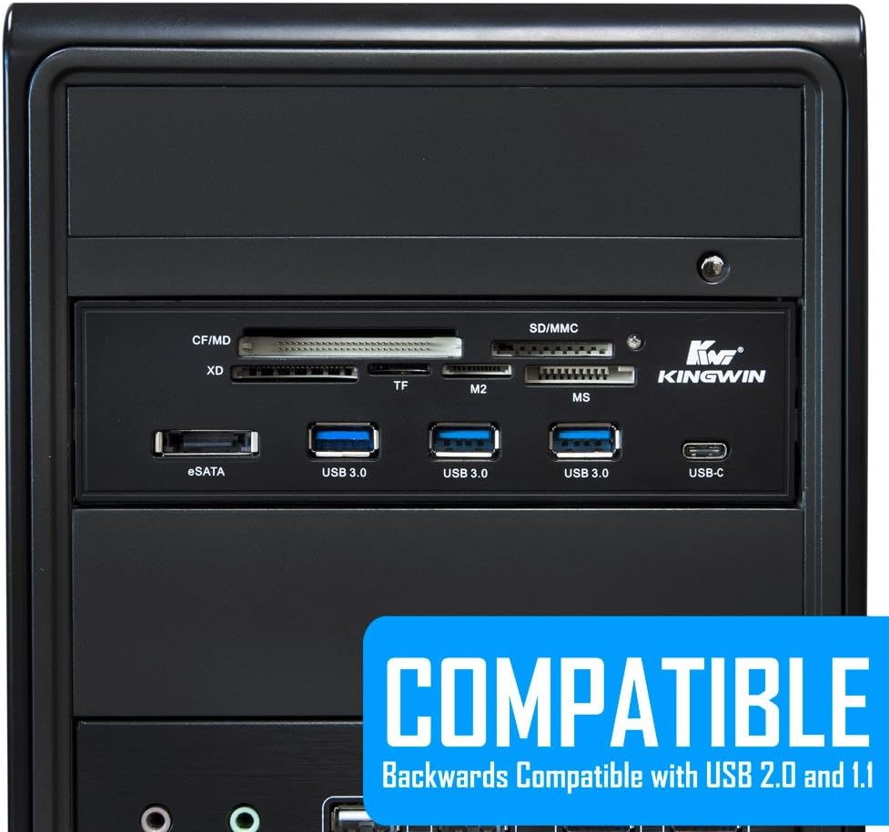 Kingwin Powered USB Hub 3.0 w/ 1 USB-C Port, SD Card Reader & Micro SD Card Reader - Sata Power Port w/Lightning Speed Data Transfer Up to 5Gbps - 5.25" Computer Case Front Bay, black (KW525-3U3CR)