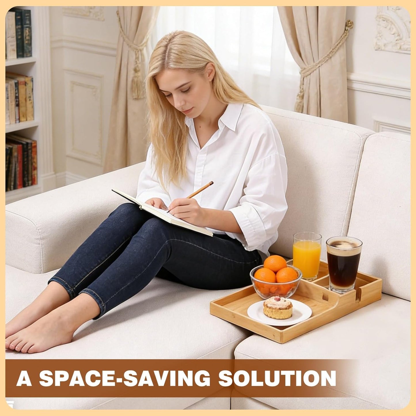 Couch Tray Insert for Middle, Bamboo 15.4″x9.7″ Sofa Cup Holder Between Cushions, 2-in-1 Fold-Flat Couch Arm Tray Table, Fits Armless Couch Sectional, Drink Snack Remote Organizer