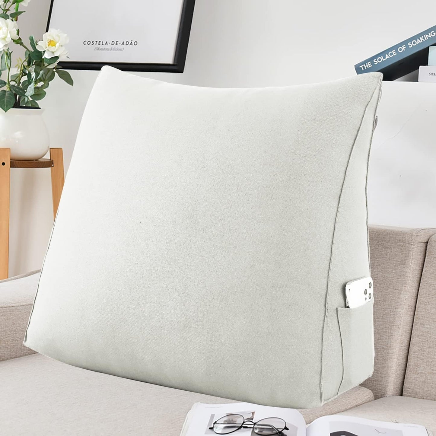 Triangular Reading Pillow Wedge Headboard Back Support Pillow for Sitting up in Bed Daybed Bolster Backrest Couch Sofa Corner Cushion Linen Off White