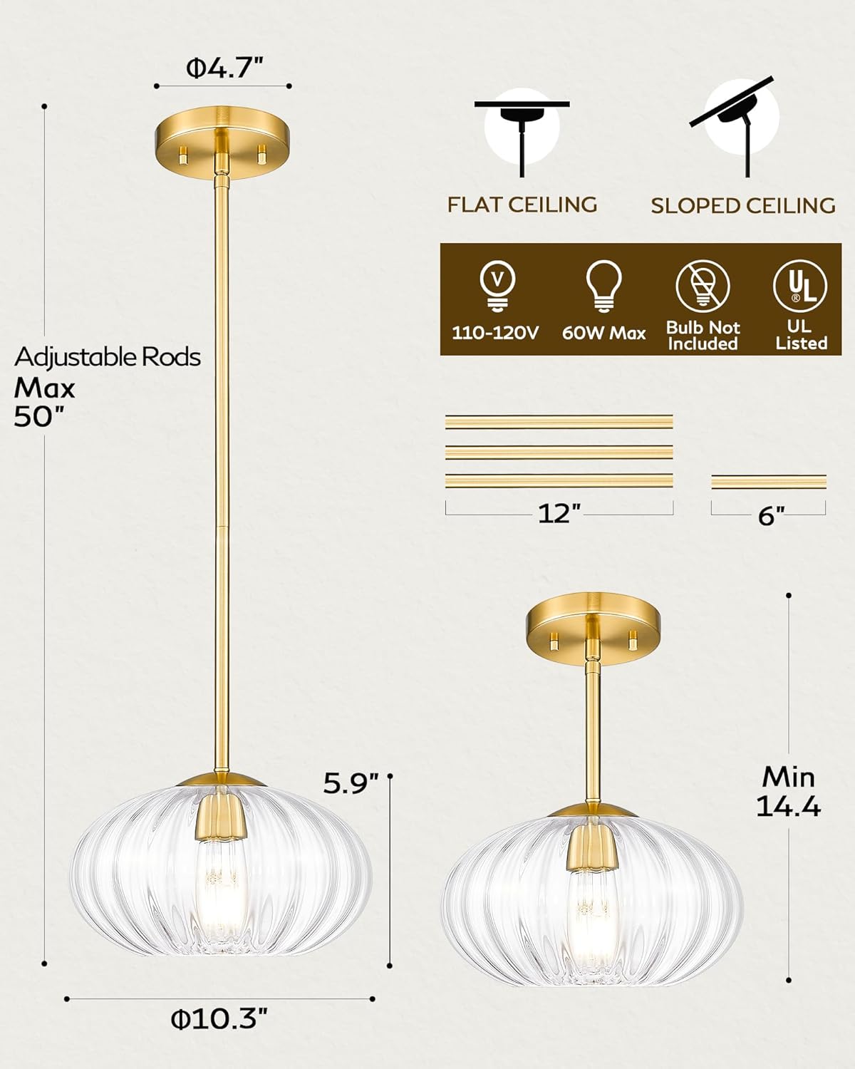 FEMILA Pendant Light for Kitchen Island, 10.3" Brushed Gold Pendant Lighting, Dome Glass Pendant Light Vintage Light Fixtures for Bedroom Hotel Dining Room, 4FYD85MIL BG