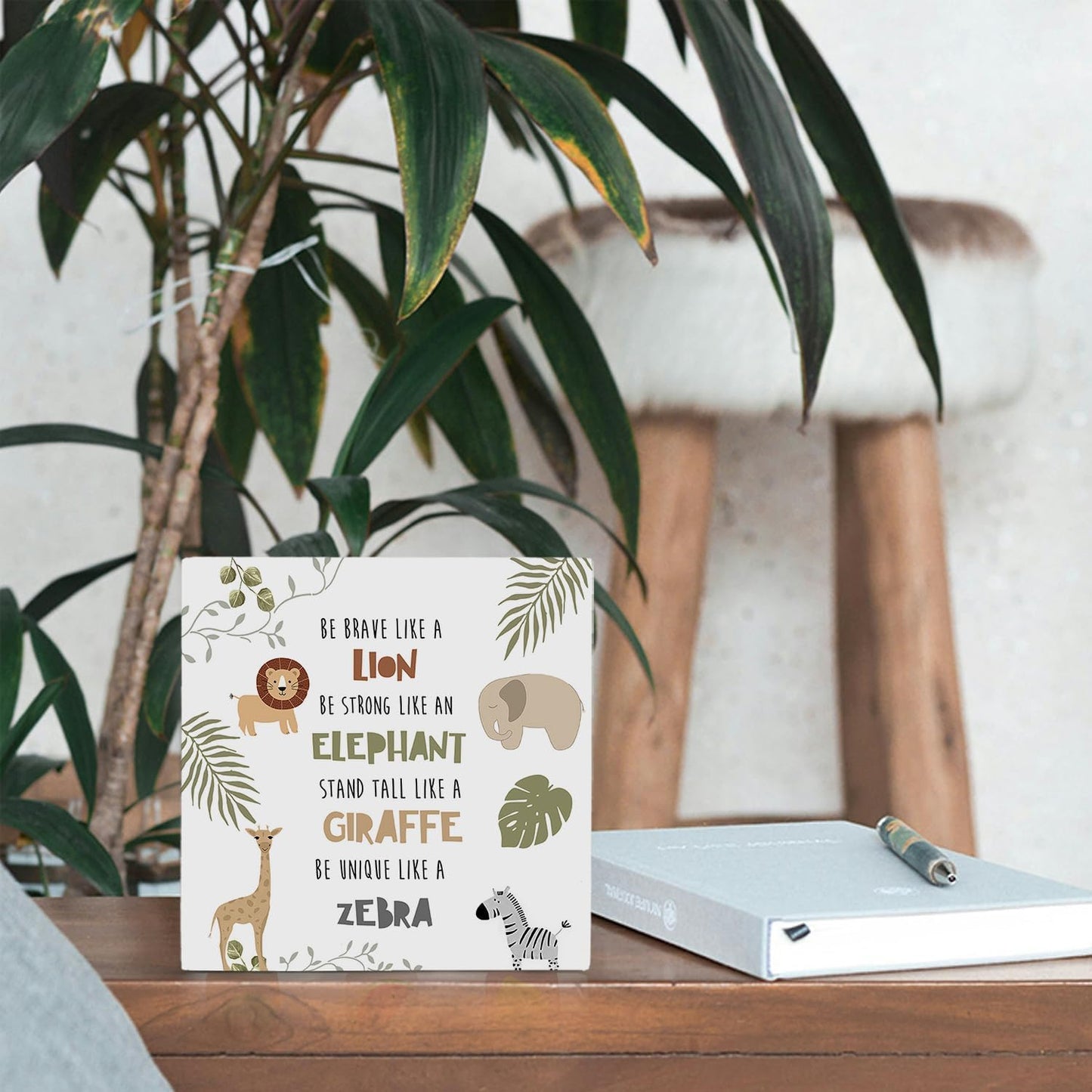 Animal Nursery Wood Box Sign 5×5 Inches, Inspirational Forest Animal Lion Elephant Giraffe Zebra Wood Sign for Kids Room Dorm Nursery Bedroom Home Desk Tabletop Shelf Decor
