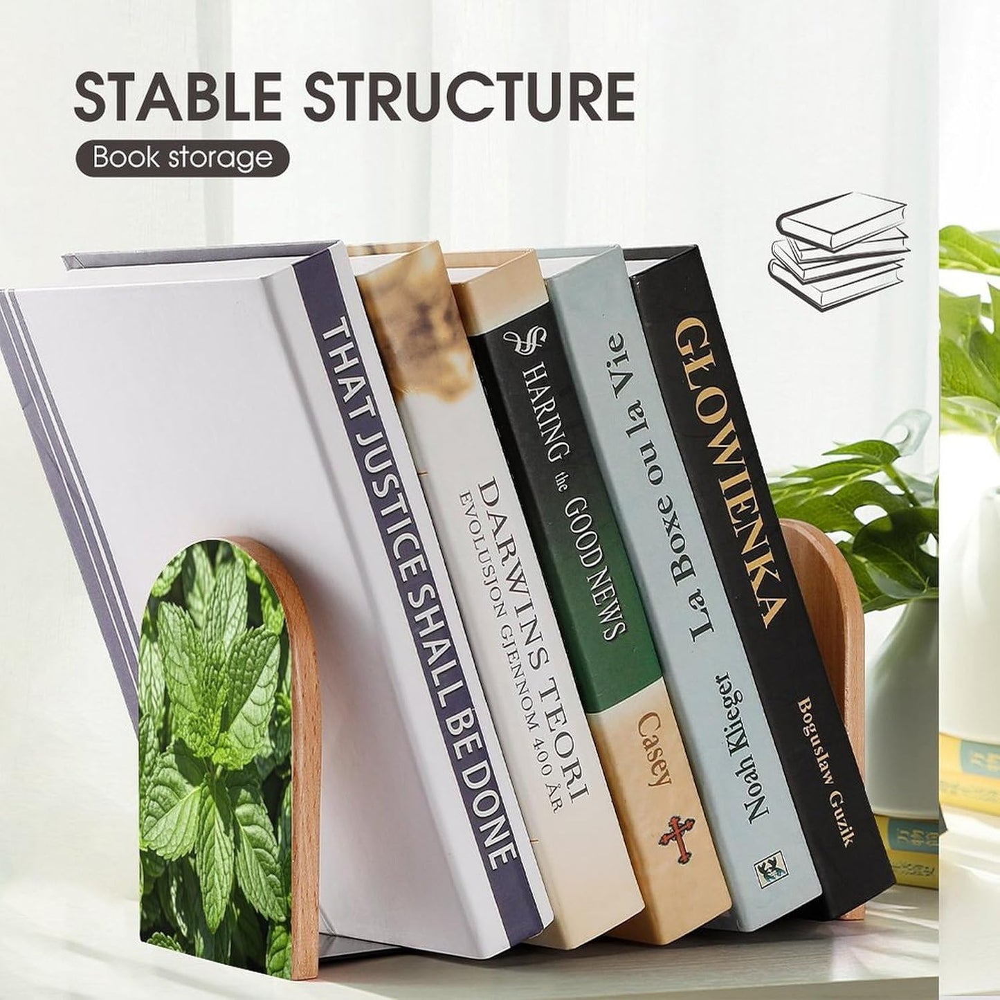 Peppermint Bookends 1 Pair Heavy Duty Book Ends for Shelves Non-Skid Bookend Supports Wooden Book Holders with Metal Base Desk Organizers Books Storage to Hold Books