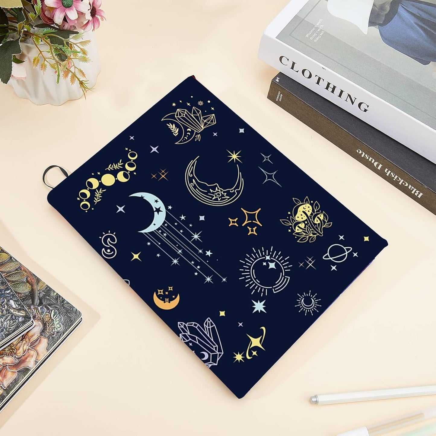 CRASPIRE Tarot Stretchable Book Cover Divination Elements Moon Crystal Moth Washable Reusable Large Nylon Book Protector Elastic Notebook Wraps Suitable for Most Hardcover Books