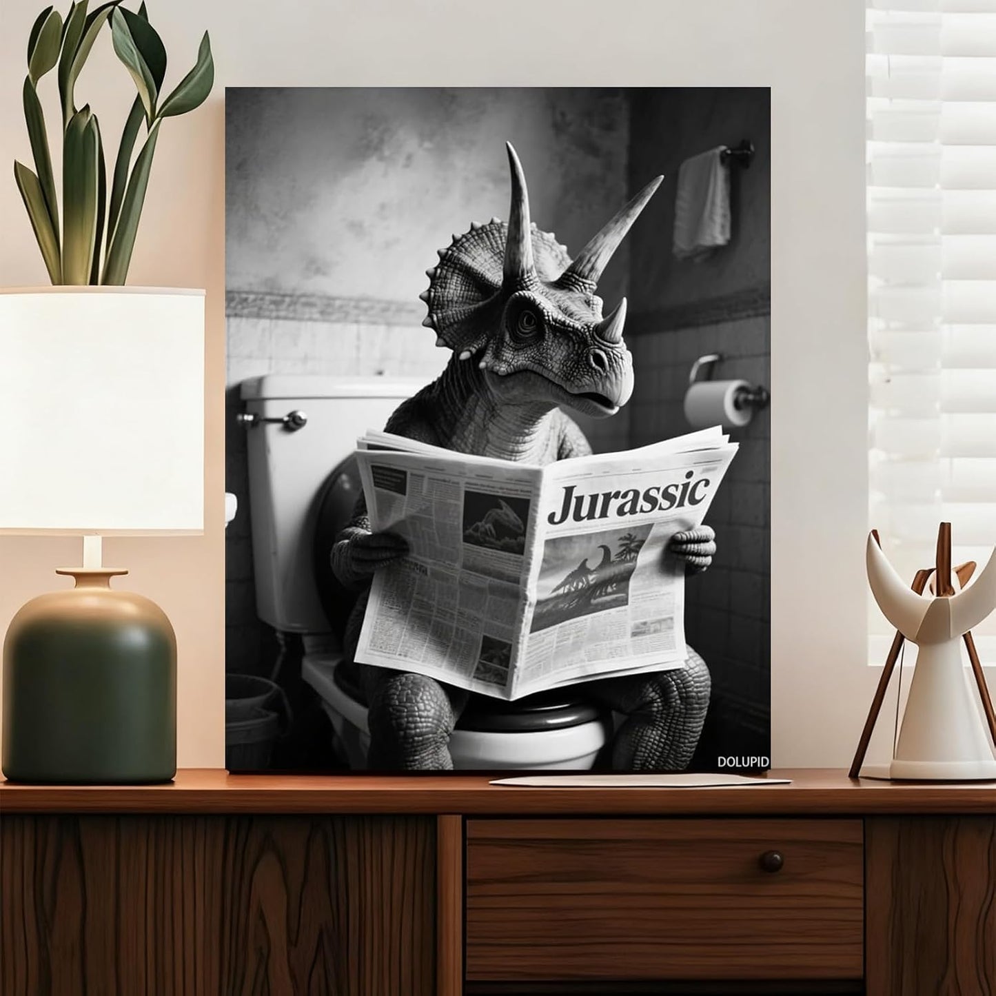 Framed Triceratops on Toilet Wall Art Poster Black and White Jurassic Newspaper Wall Decor Bathroom Decor for Home Frame 8x10inch