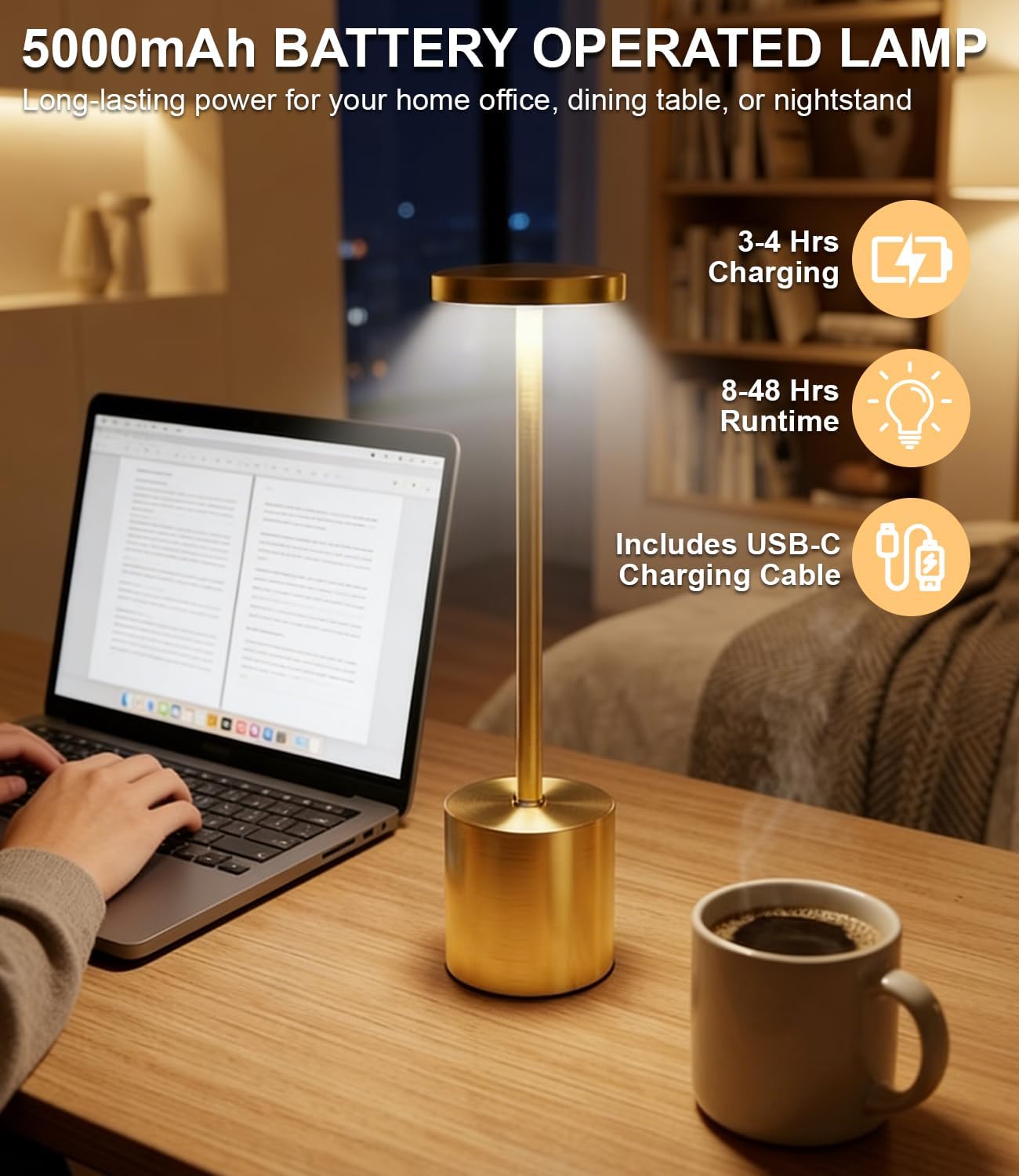 Cordless Table Lamp Set of 2, Gold 5000mAh Rechargeable Battery Operated Lamps, Wireless 3 Color Dimmable Touch Lamp Table Light for Restaurant Dining Patio Outdoor, Home Decor