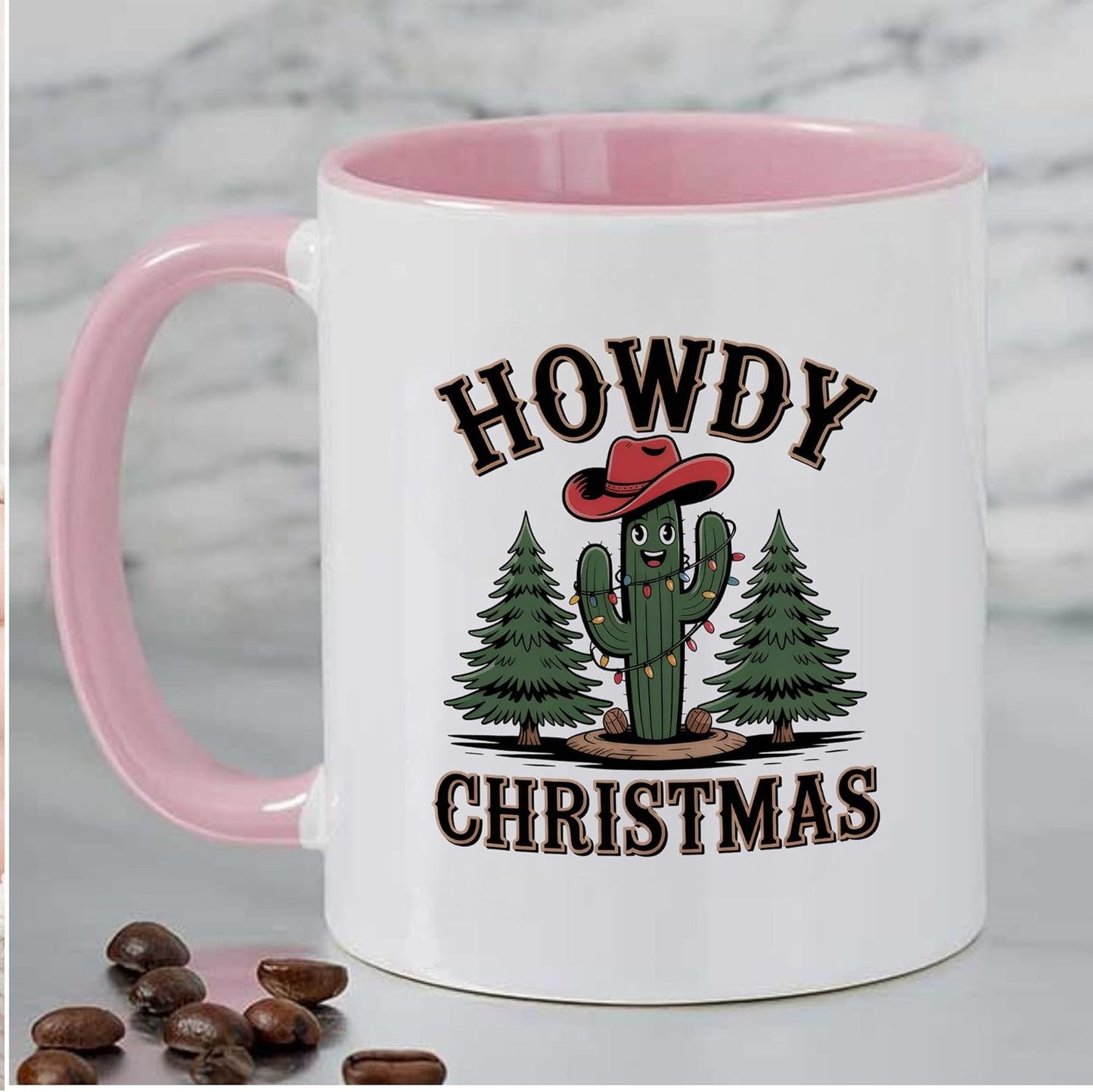 Rustic Howdy Christmas Western Cactus Two-Tone Accent Mugs, 11oz 15oz Drinking Cups, Kitchen Décor, Gifts For Book Lovers