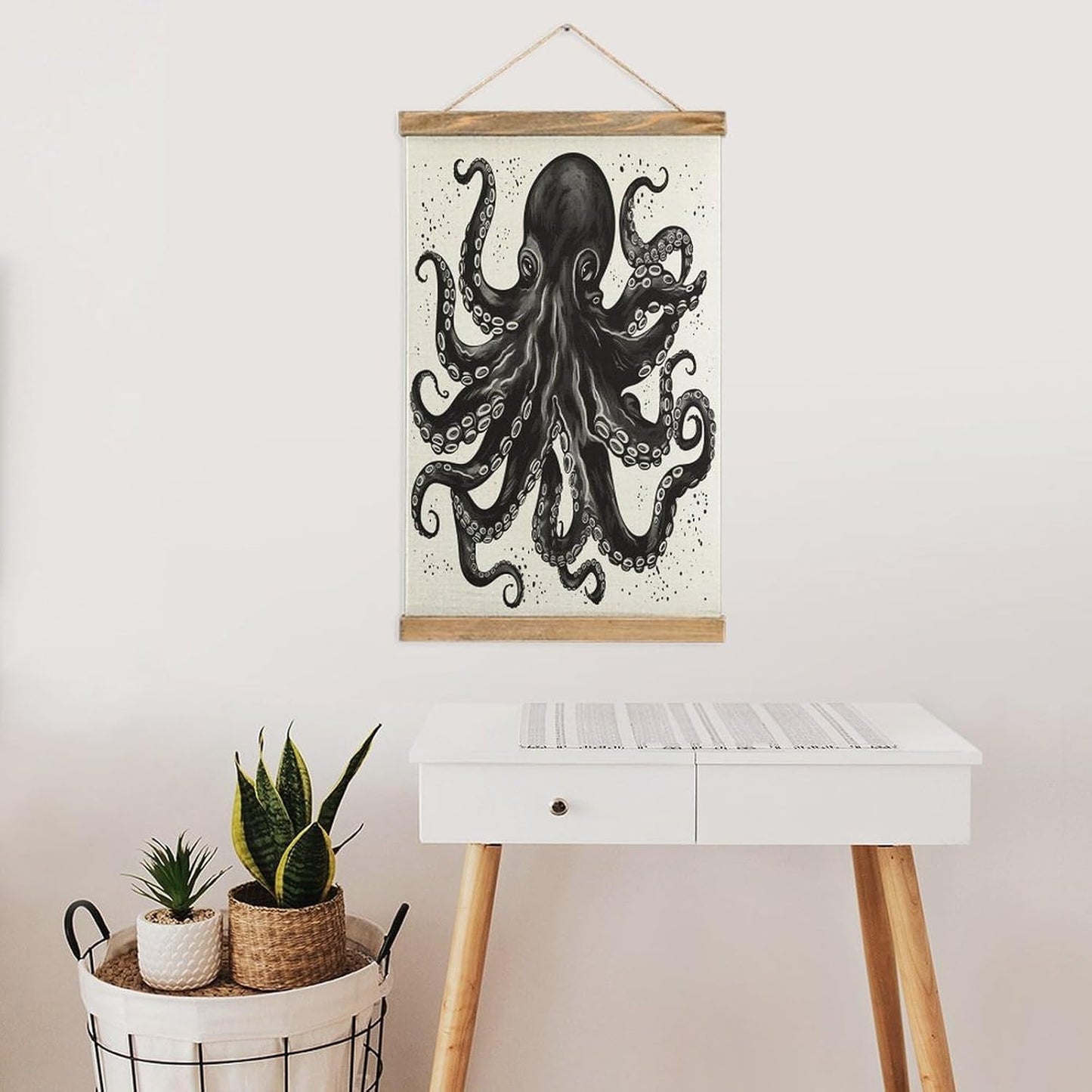 Vintage Classic Black Octopus Poster with Wooden Frame Personalized Linen Hanging Scroll Painting Rustic Wall Hanging Illustrative Modern Artwork Decor for Home Living Room Bedroom Office