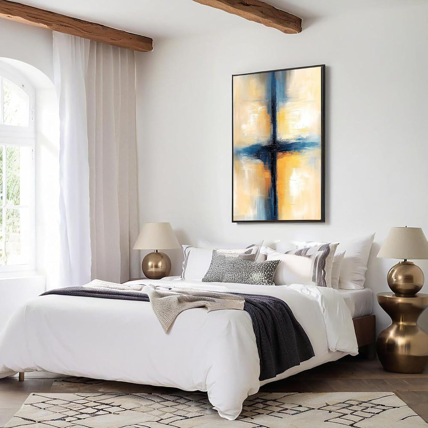 GDJSMIN Modern Abstract Painting Wall Art, Beige Blue Cross Poster For Reading Room Living Room Decor 12X 16 Inch Unframed